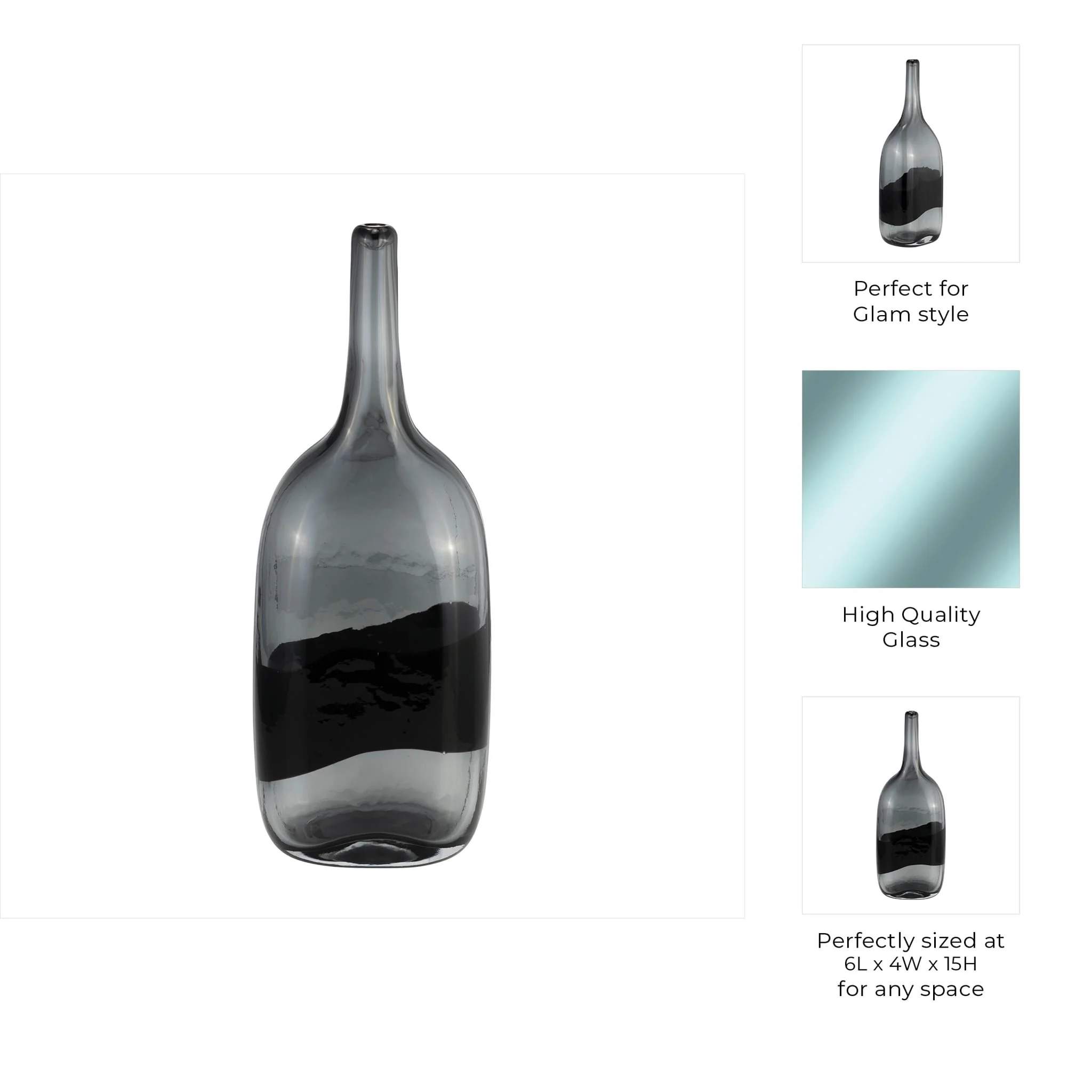 Glass, 15"h Long Neck 2-tone Vase, Smoke/black - Image 10