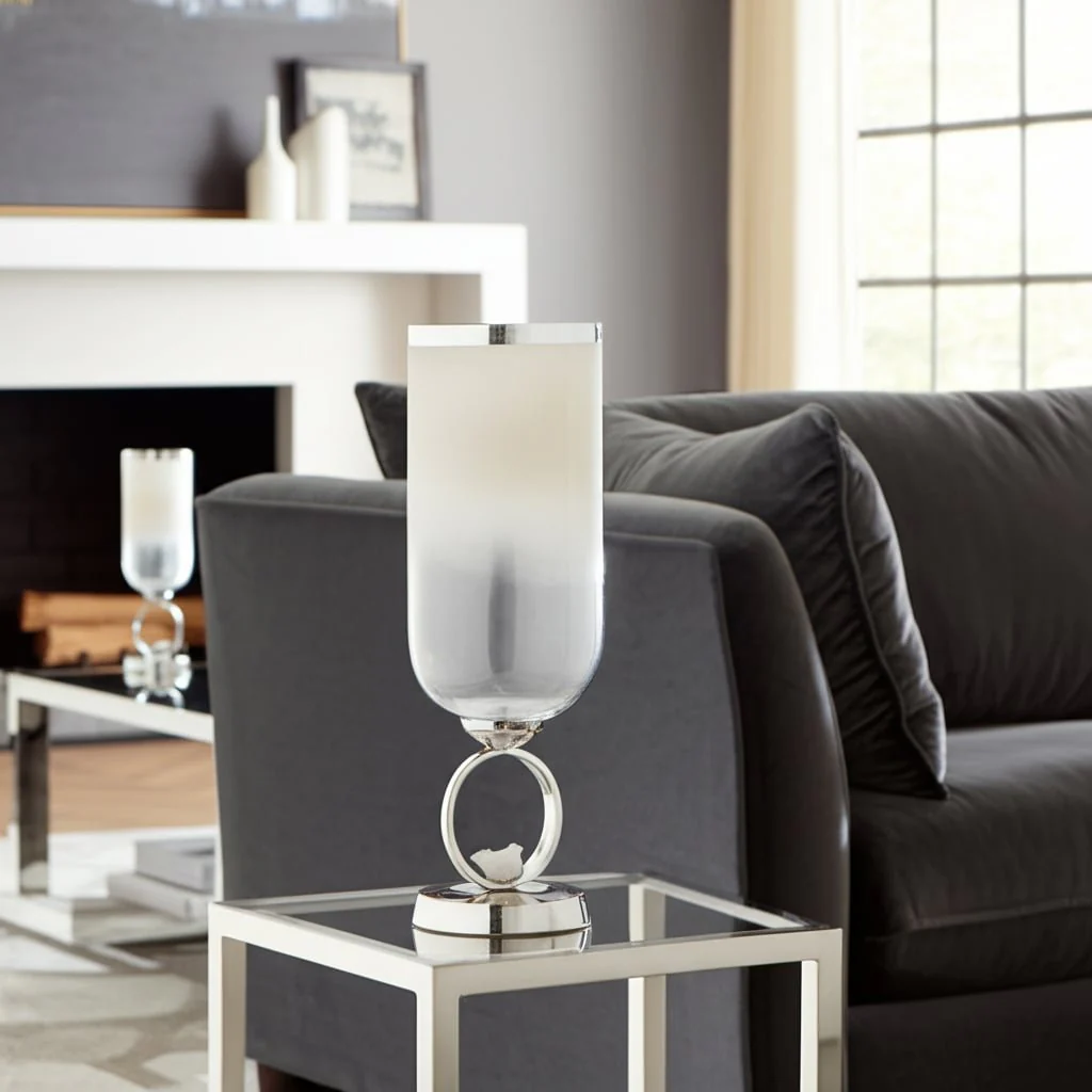 Glass, 17" Vase W/ Metal Base Stone Accent, Pearl - Image 12
