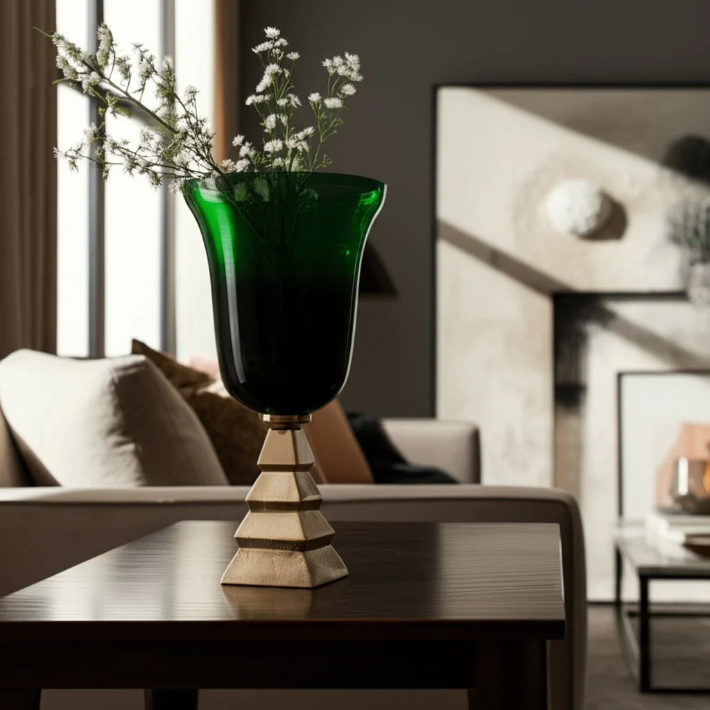 Glass, 19" 5th Ave Vase On Stand, Green/gold - Image 12