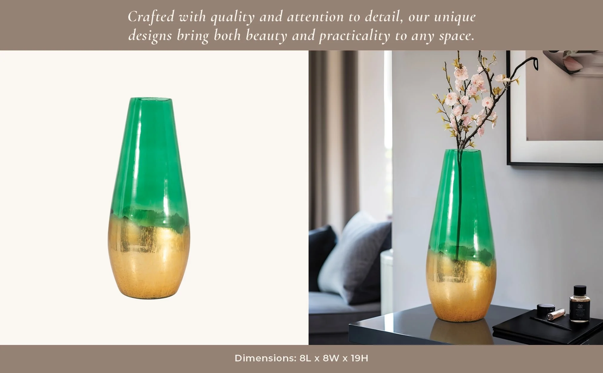 Glass, 19" Gold Dipped Vase, Green - Image 11
