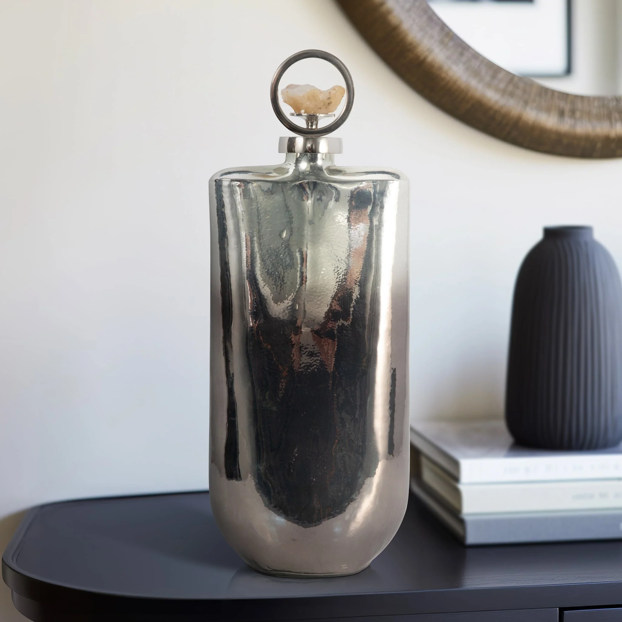 Glass, 19" Metallic Bottle W/ Stone Top, Silver - Image 11