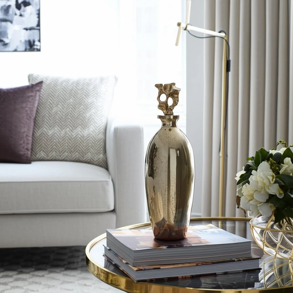 Glass, 20"h Metal Vase Tribal Topper, Gold - Image 10