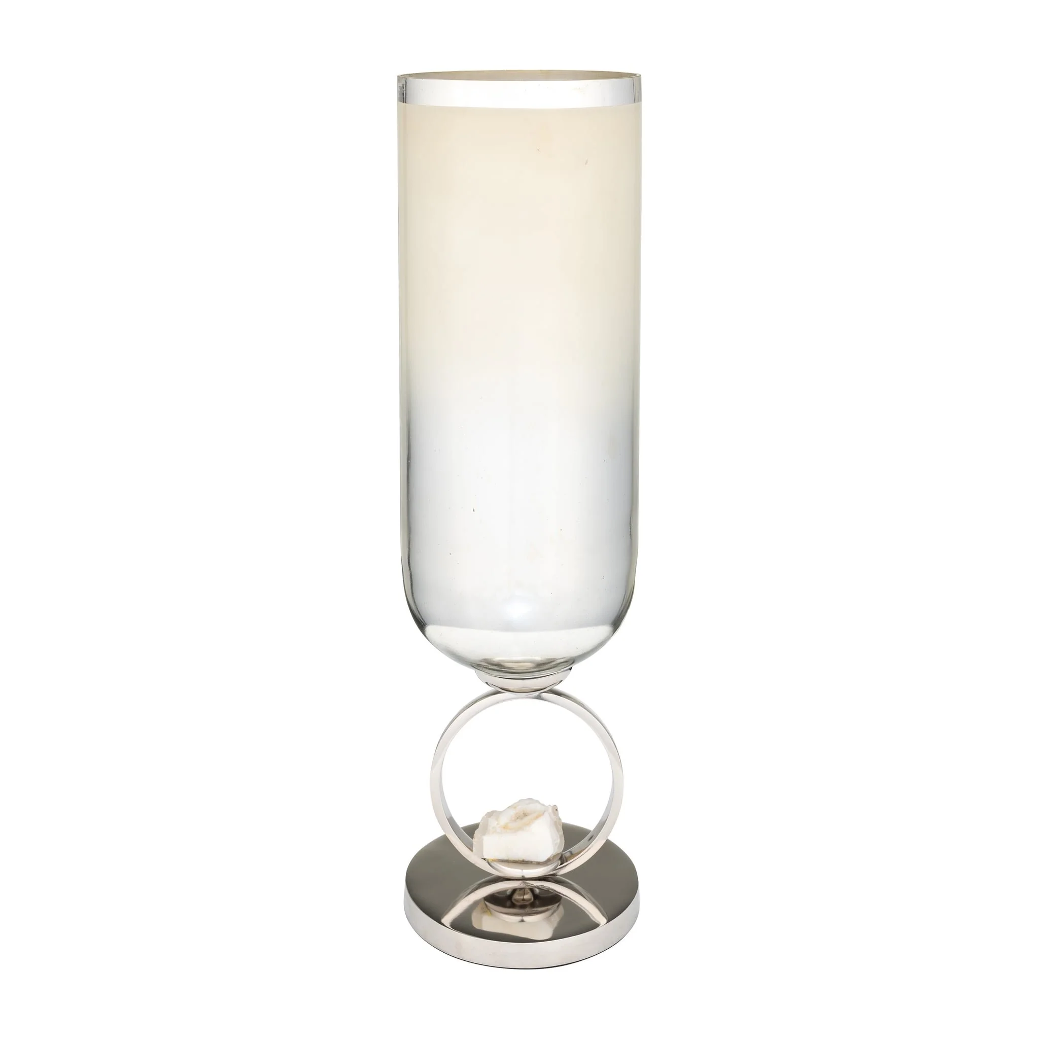 Glass, 21" Vase W/ Metal Base Stone Accent, Pearl