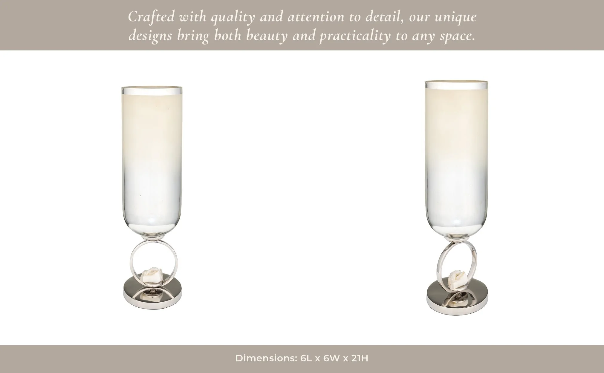 Glass, 21" Vase W/ Metal Base Stone Accent, Pearl - Image 12