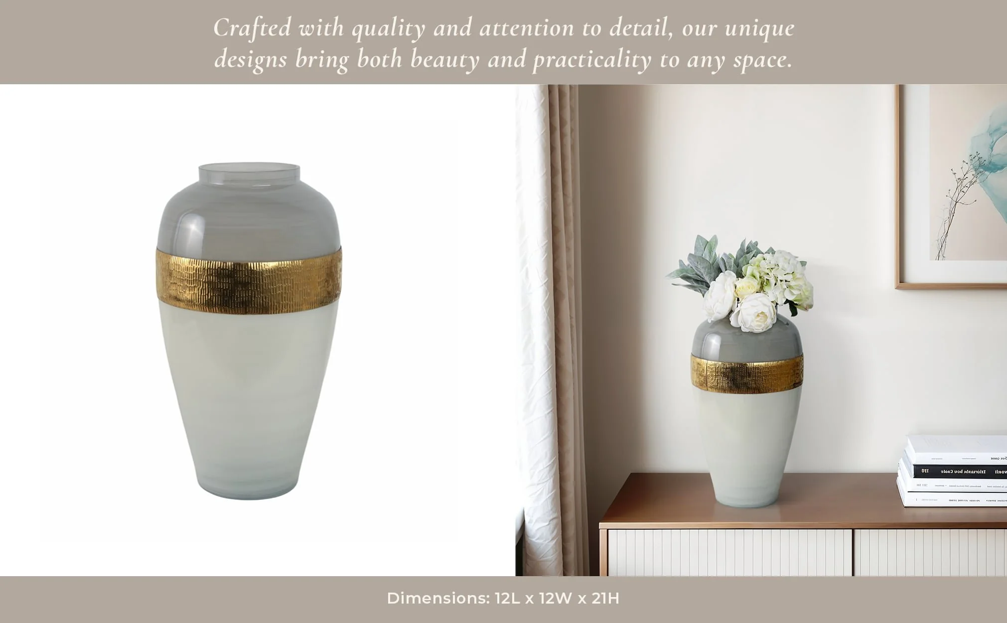 Glass 21"h Ginger Vase W/ Brass Band, White - Image 11