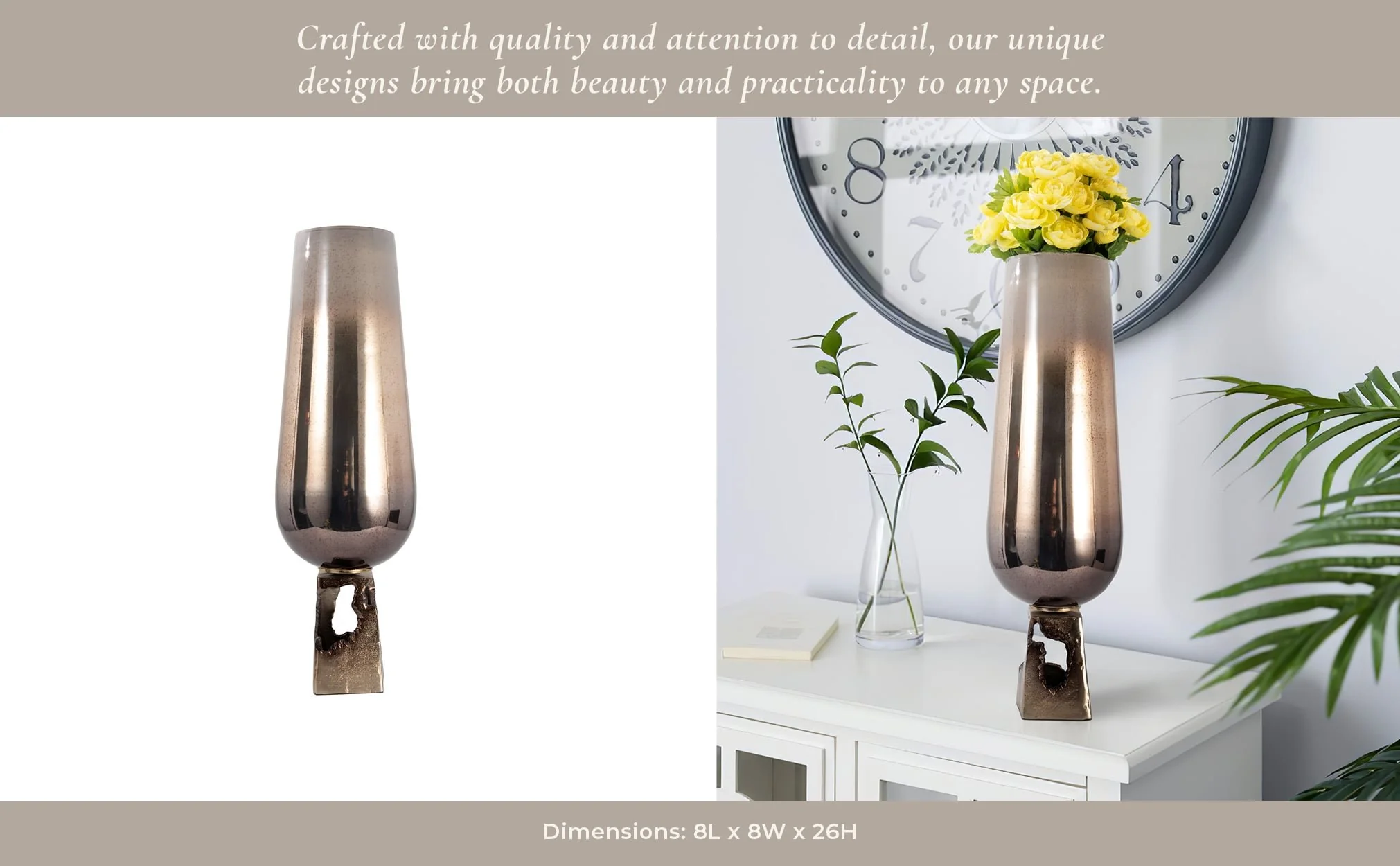 Glass, 26"h Vase W/ Metal Base, Champagne - Image 12