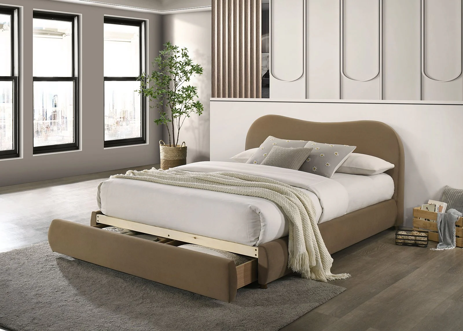 Grimsby Queen Bed, Brown Velvet - Image 2