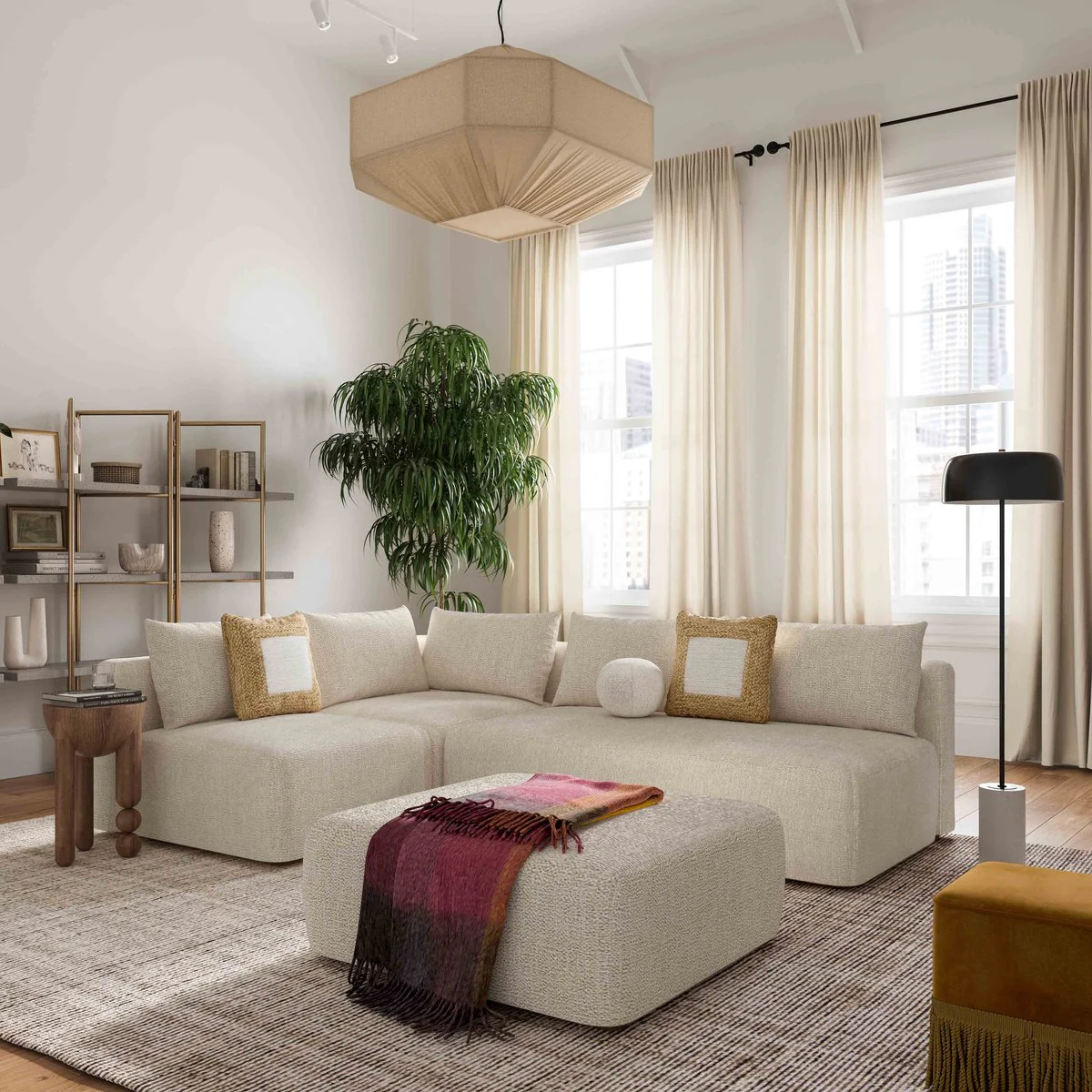 Hangover Cream Heavy Textured Fabric Modular Loveseat - Image 2