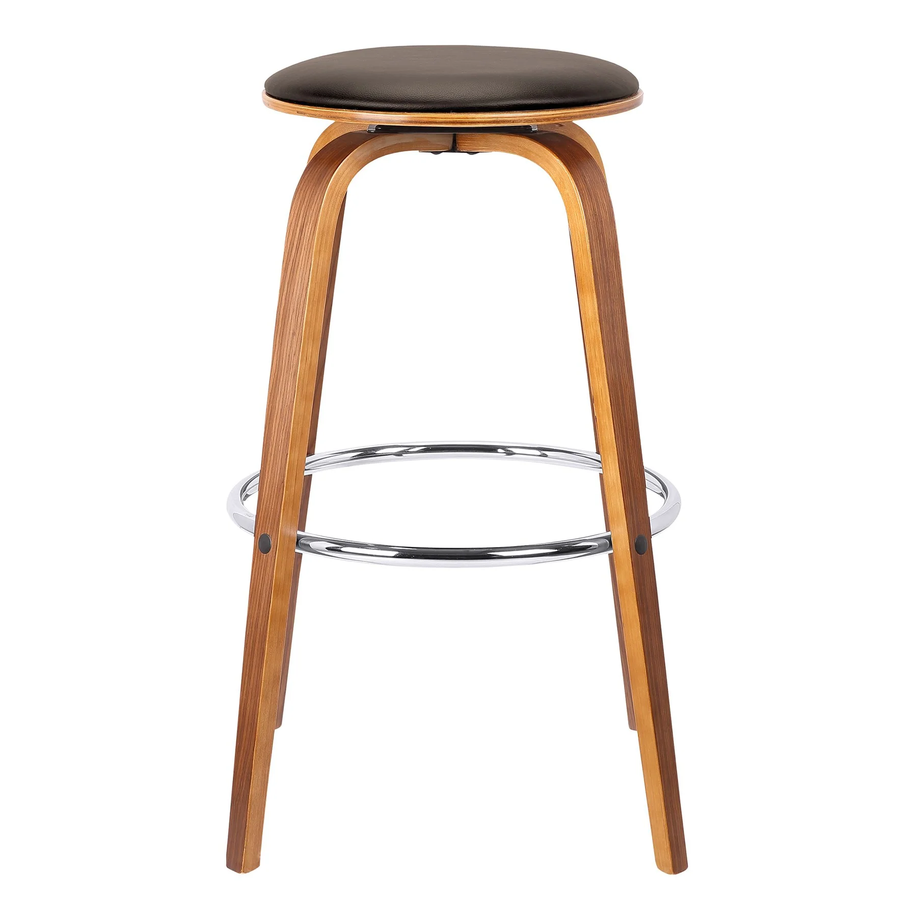 Harbor 30" Bar Height Backless Swivel Brown Faux Leather and Walnut Wood Mid-Century Modern Bar Stool - Image 2