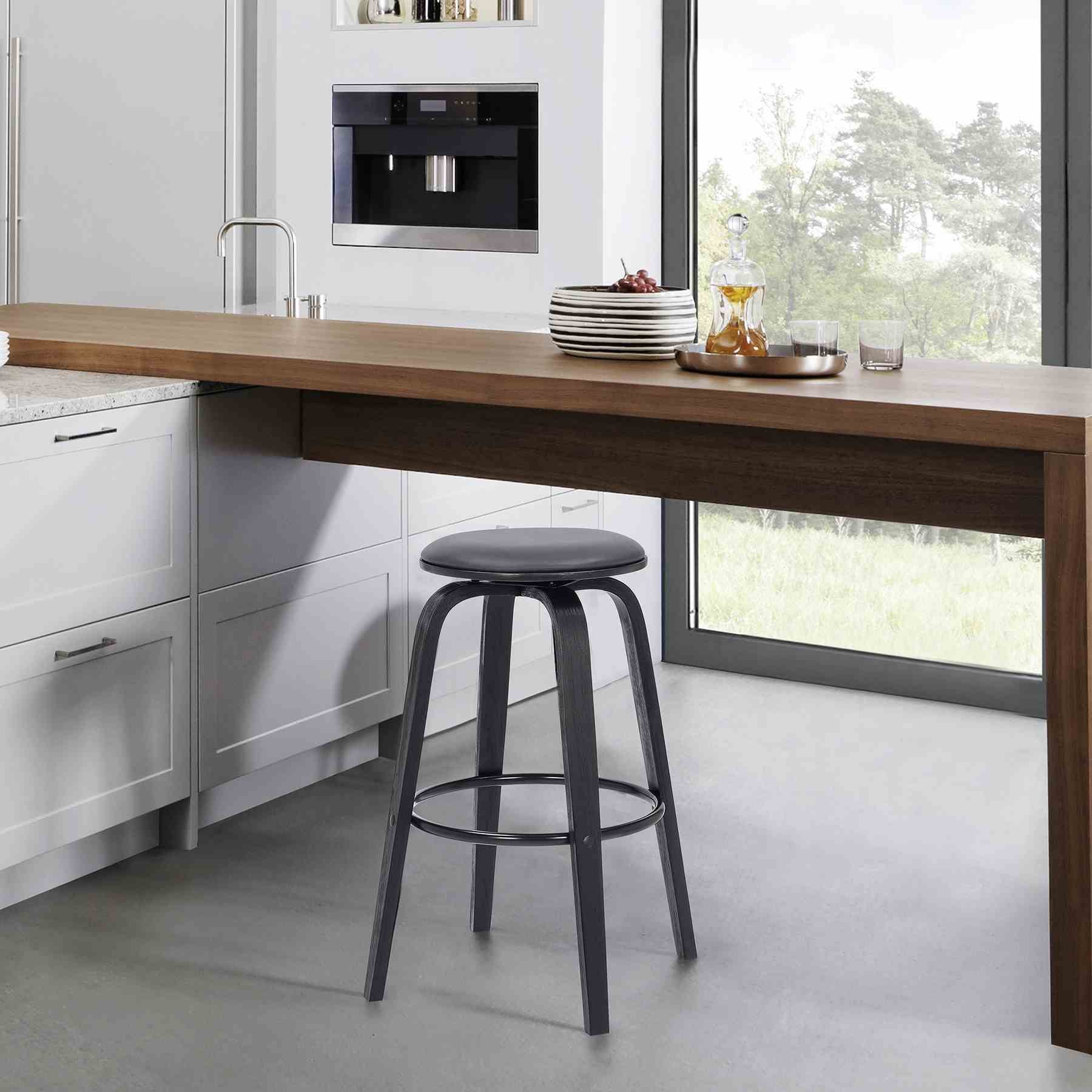 Harbor 30" Bar Height Backless Swivel Gray Faux Leather and Black Wood Mid-Century Modern Bar Stool - Image 8