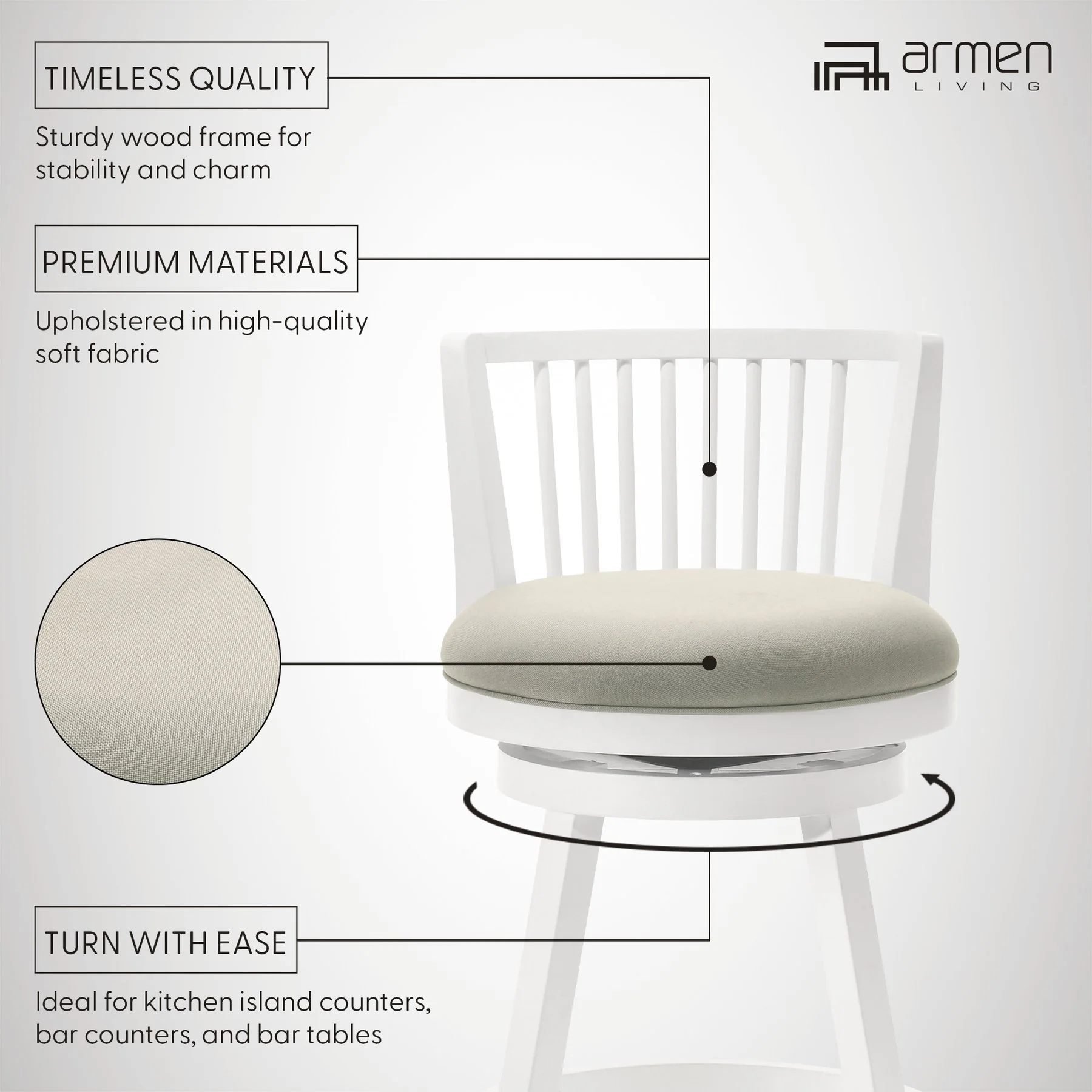 Harper 26 in. Matte White Counter Height Rubberwood Swivel Barstool with Fog Fabric Seat - Image 12