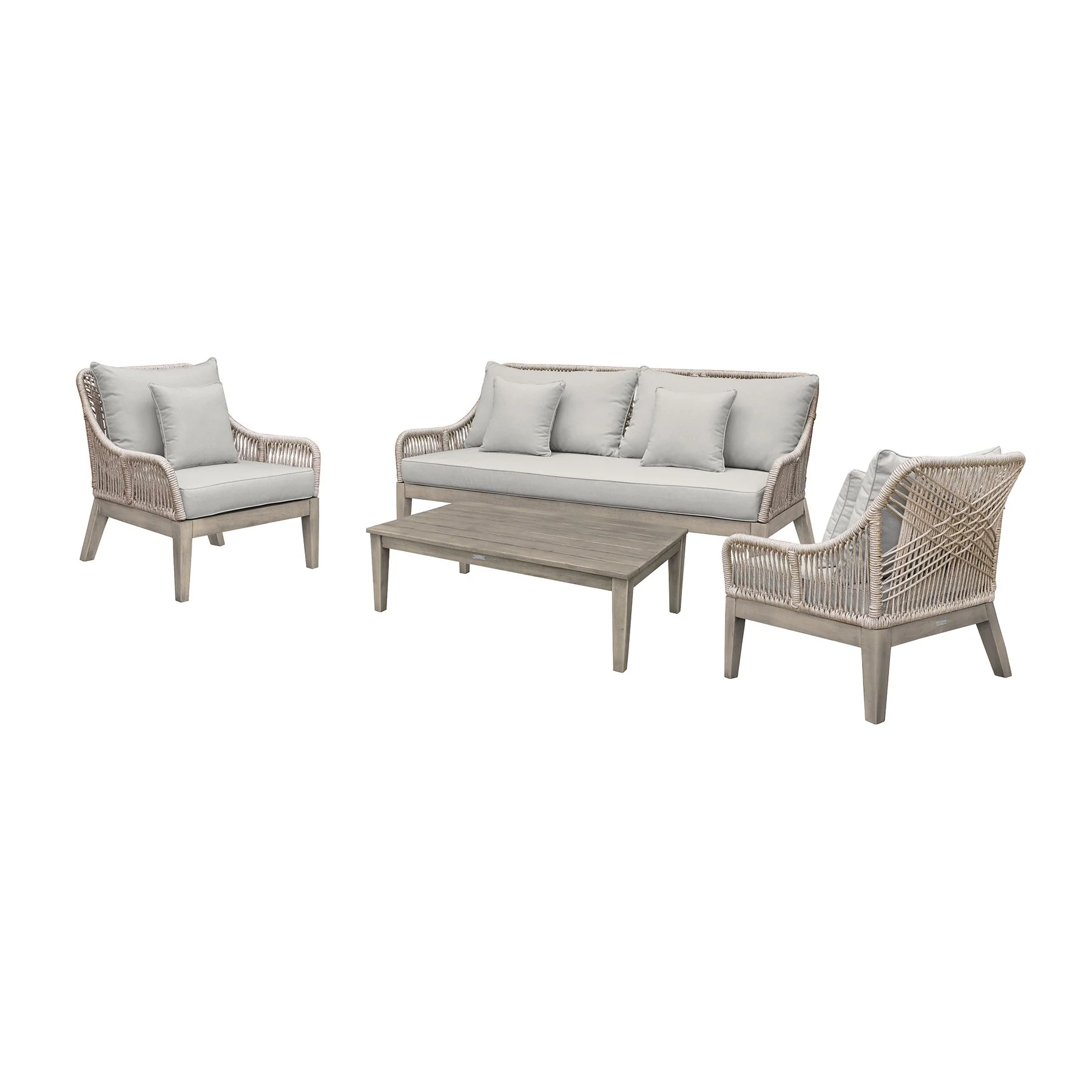 Hawaii 4 Piece Outdoor Patio Furniture Set in Acacia Wood and Rope with Gray Cushions