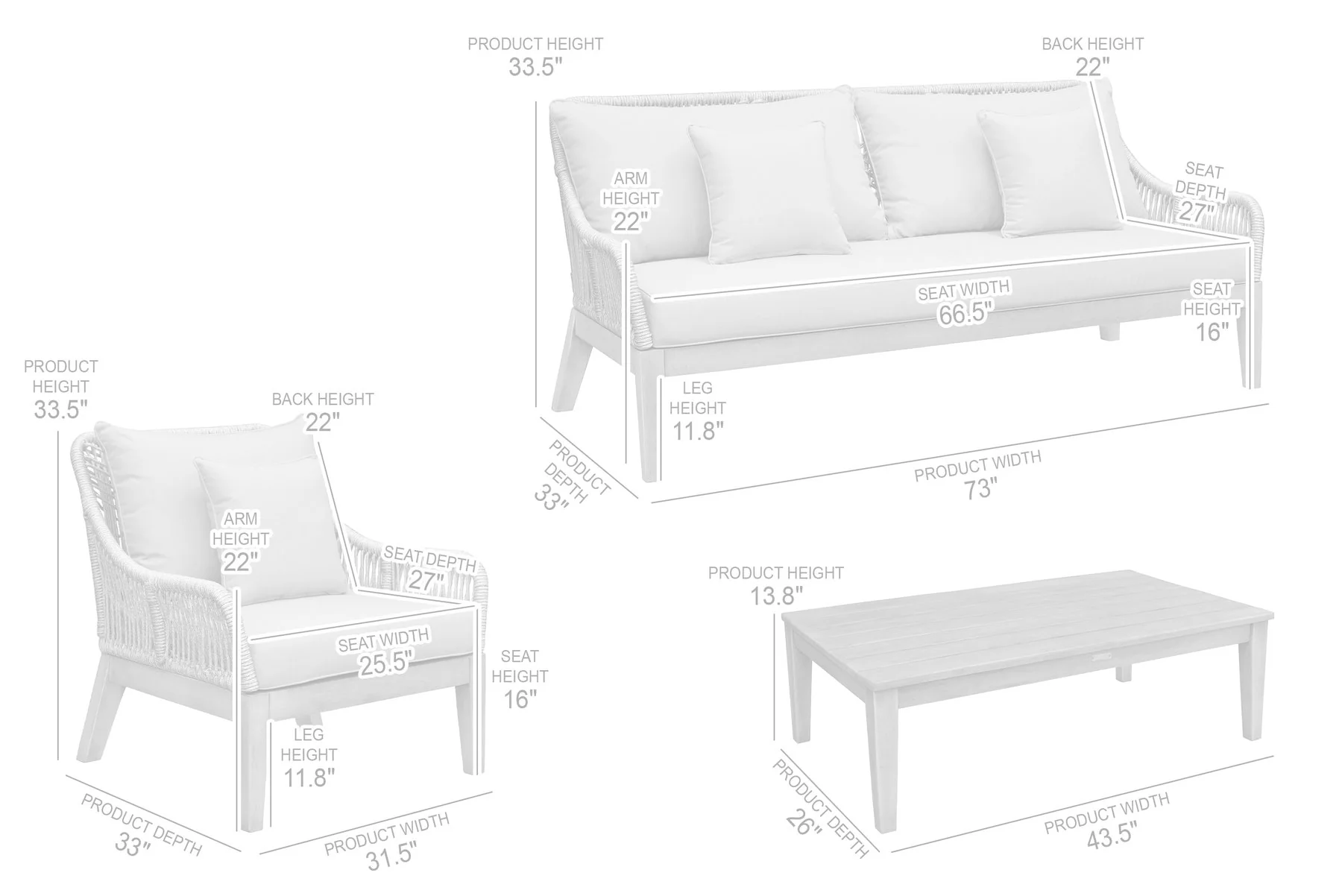 Hawaii 4 Piece Outdoor Patio Furniture Set in Acacia Wood and Rope with Gray Cushions - Image 11