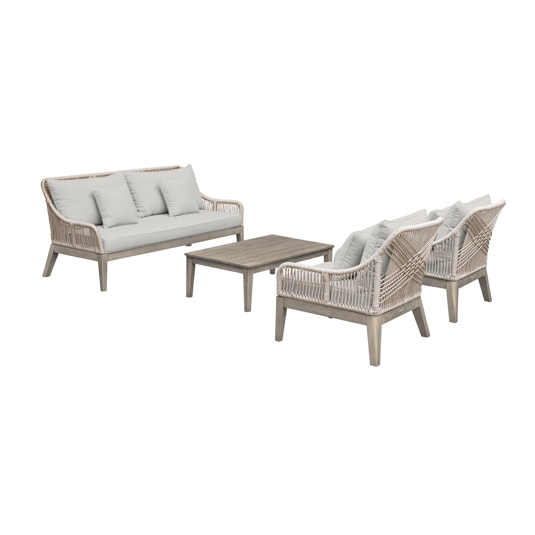 Hawaii 4 Piece Outdoor Patio Furniture Set in Acacia Wood and Rope with Gray Cushions - Image 2