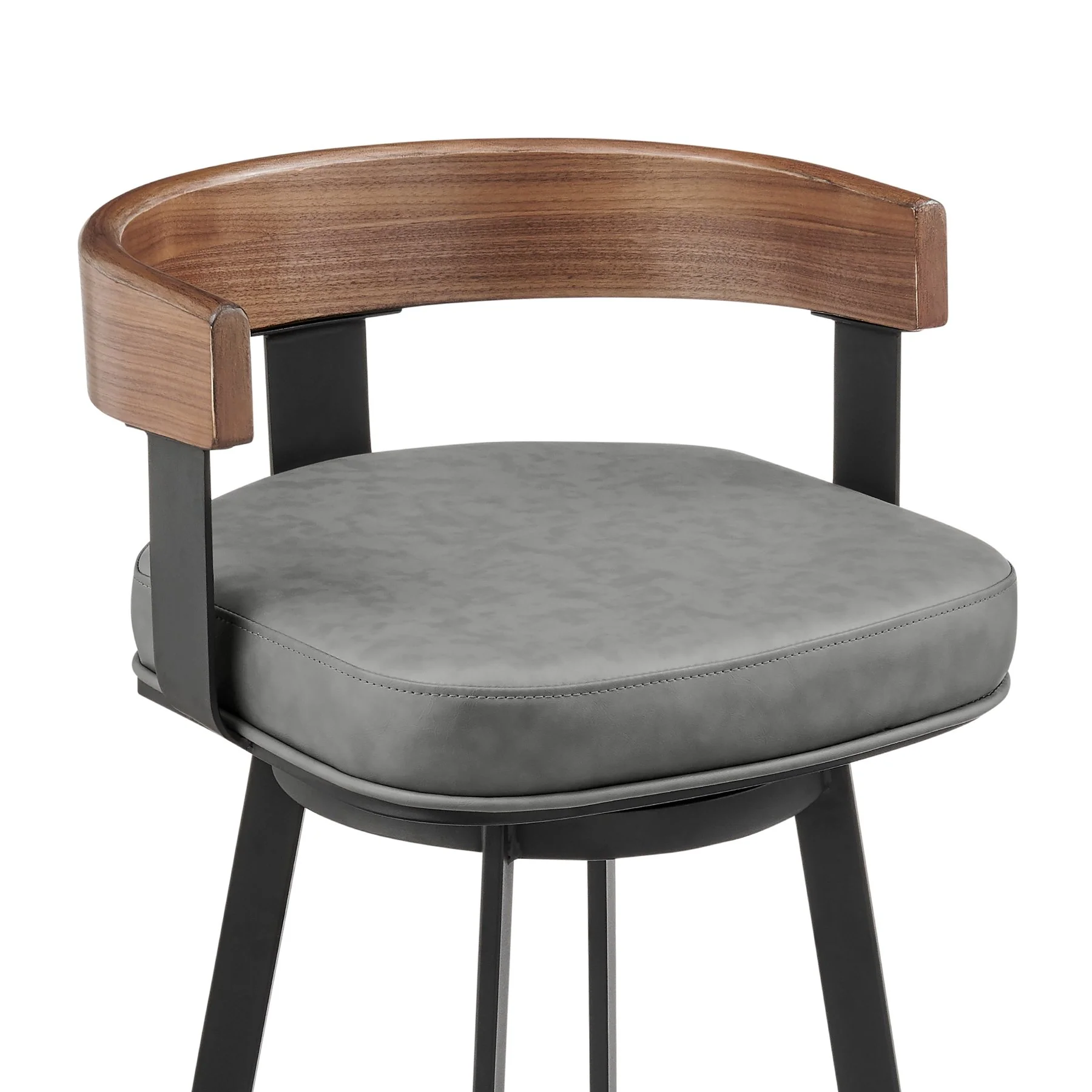 Idris 26" Swivel Counter Stool in Black Iron with Walnut Finish and Vintage Gray Faux Leather - Image 4