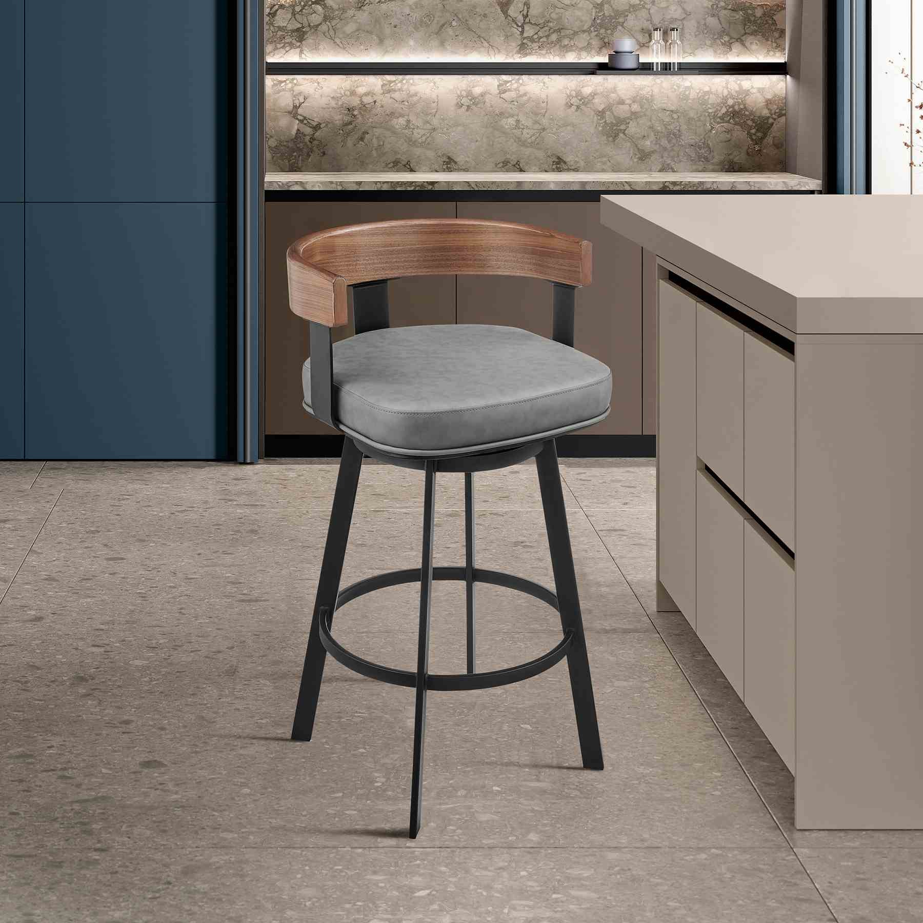 Idris 30" Swivel Bar Stool in Black Iron with Walnut Finish and Vintage Gray Faux Leather - Image 10