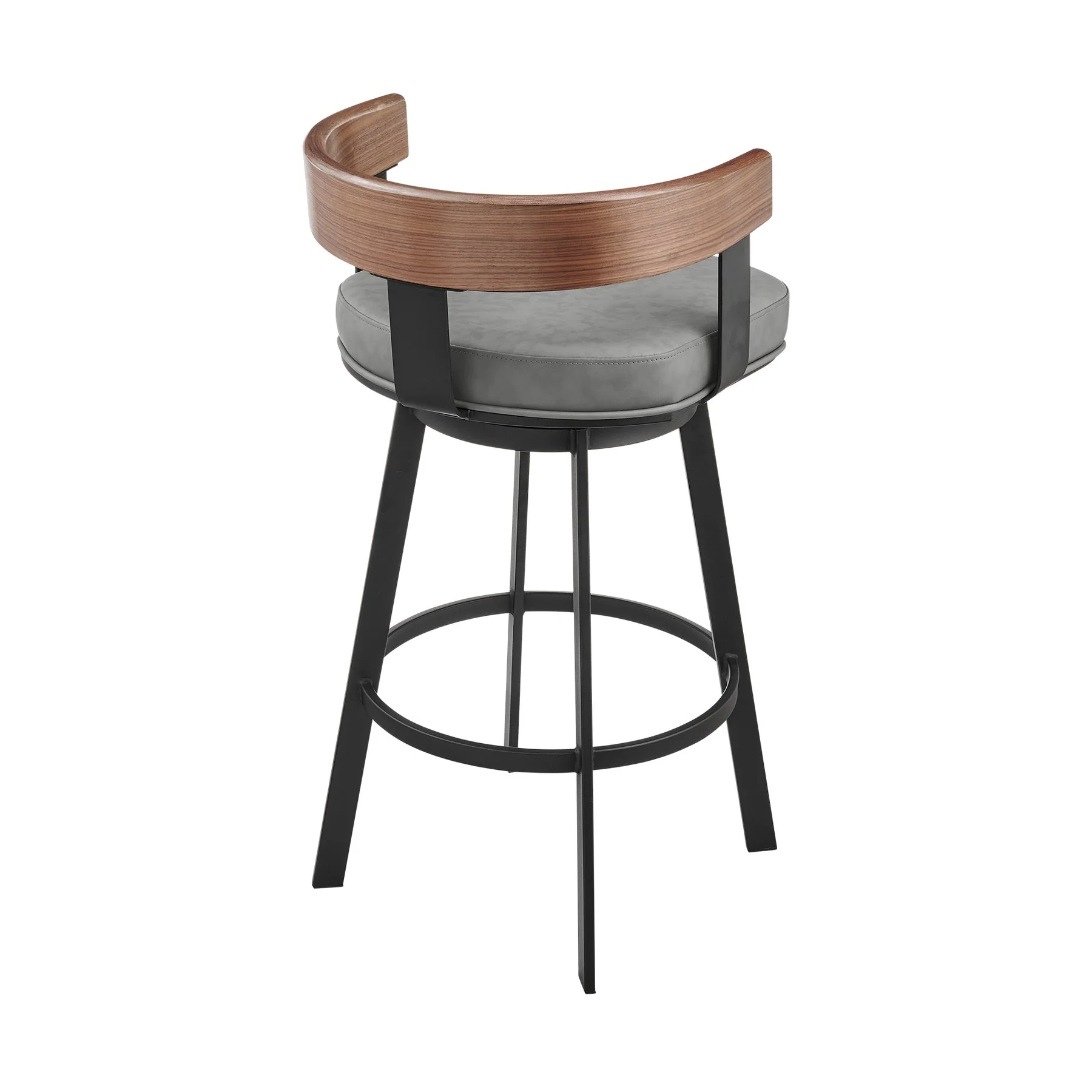 Idris 30" Swivel Bar Stool in Black Iron with Walnut Finish and Vintage Gray Faux Leather - Image 3