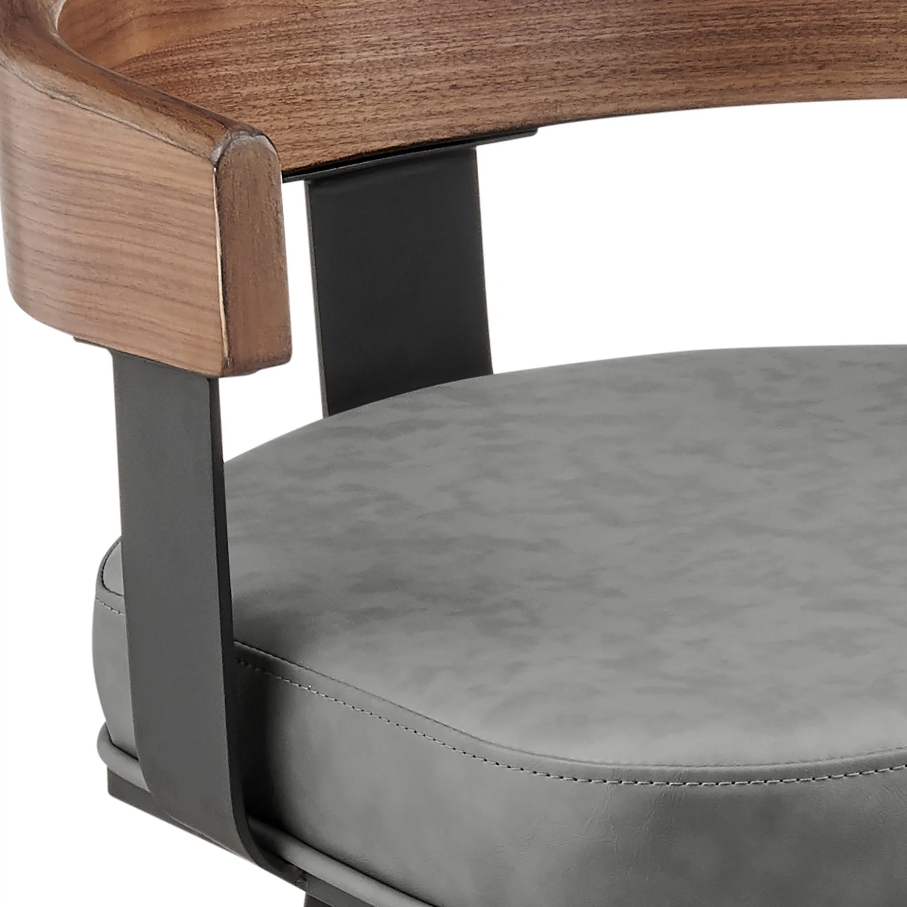 Idris 30" Swivel Bar Stool in Black Iron with Walnut Finish and Vintage Gray Faux Leather - Image 6