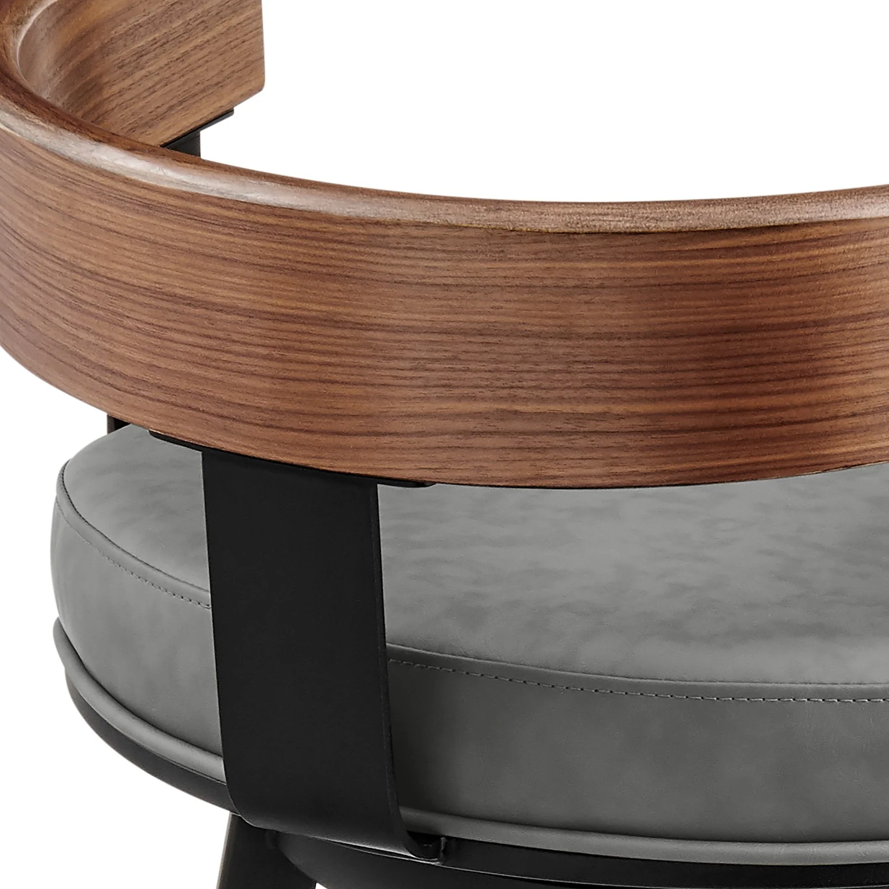 Idris 30" Swivel Bar Stool in Black Iron with Walnut Finish and Vintage Gray Faux Leather - Image 7