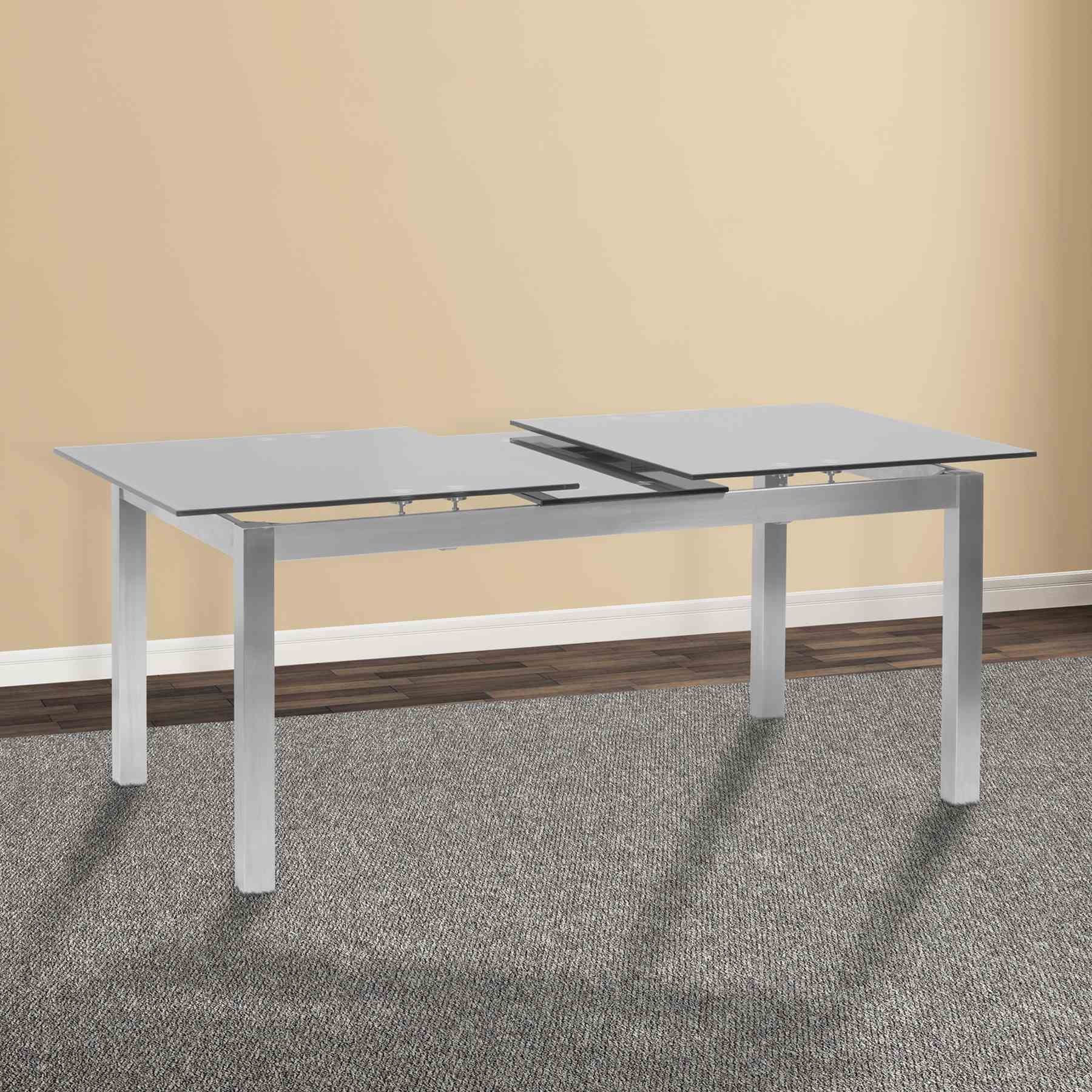 Ivan Extension Dining Table in Brushed Stainless Steel and Gray Tempered Glass Top - Image 7
