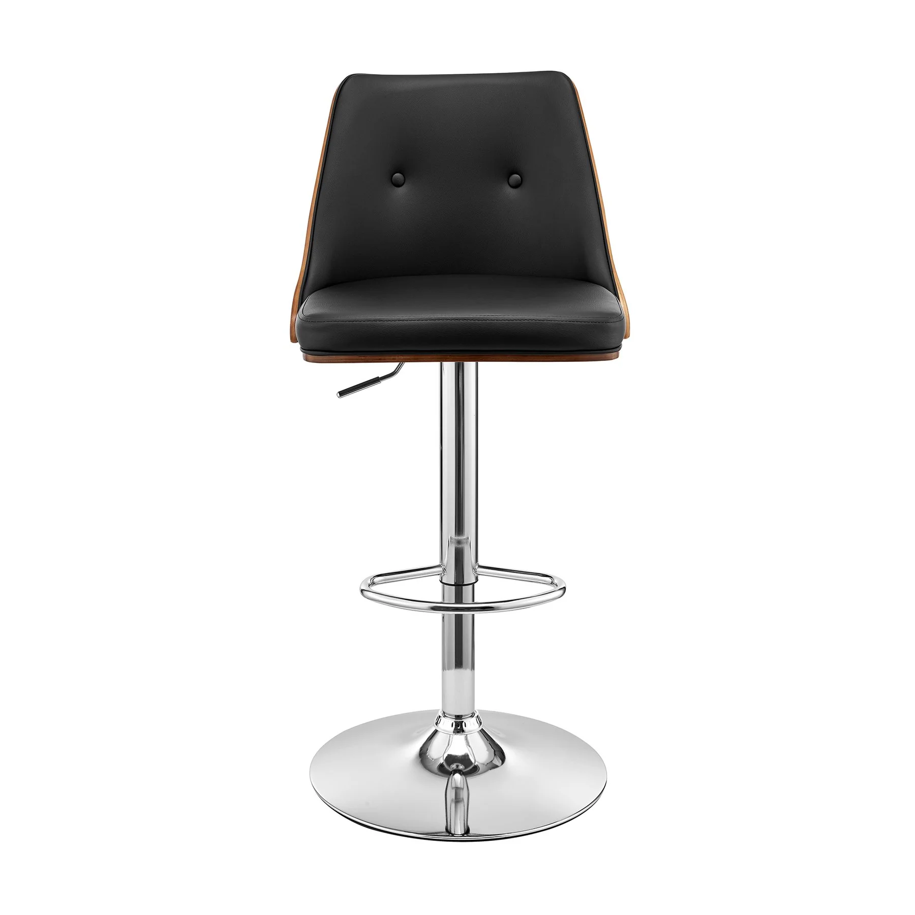 Jacob Adjustable Swivel Black Faux Leather and Walnut Wood Bar Stool with Chrome Base - Image 2