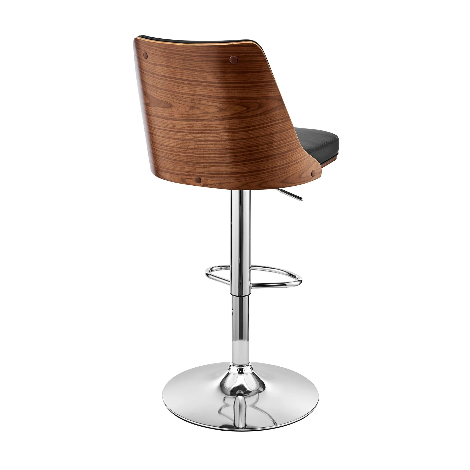 Jacob Adjustable Swivel Black Faux Leather and Walnut Wood Bar Stool with Chrome Base - Image 4