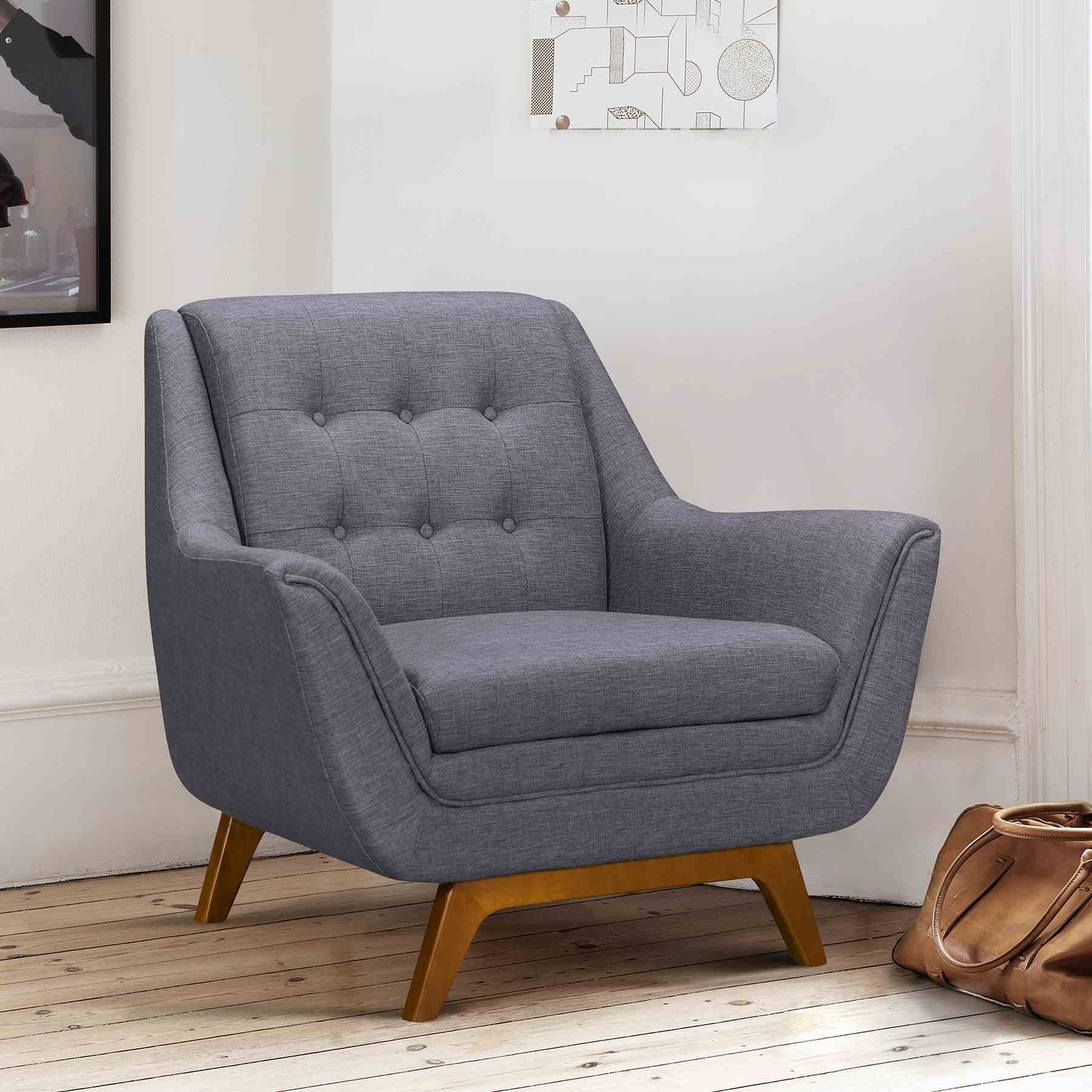 Janson Mid-Century Sofa Chair in Champagne Wood Finish and Dark Gray Fabric - Image 4