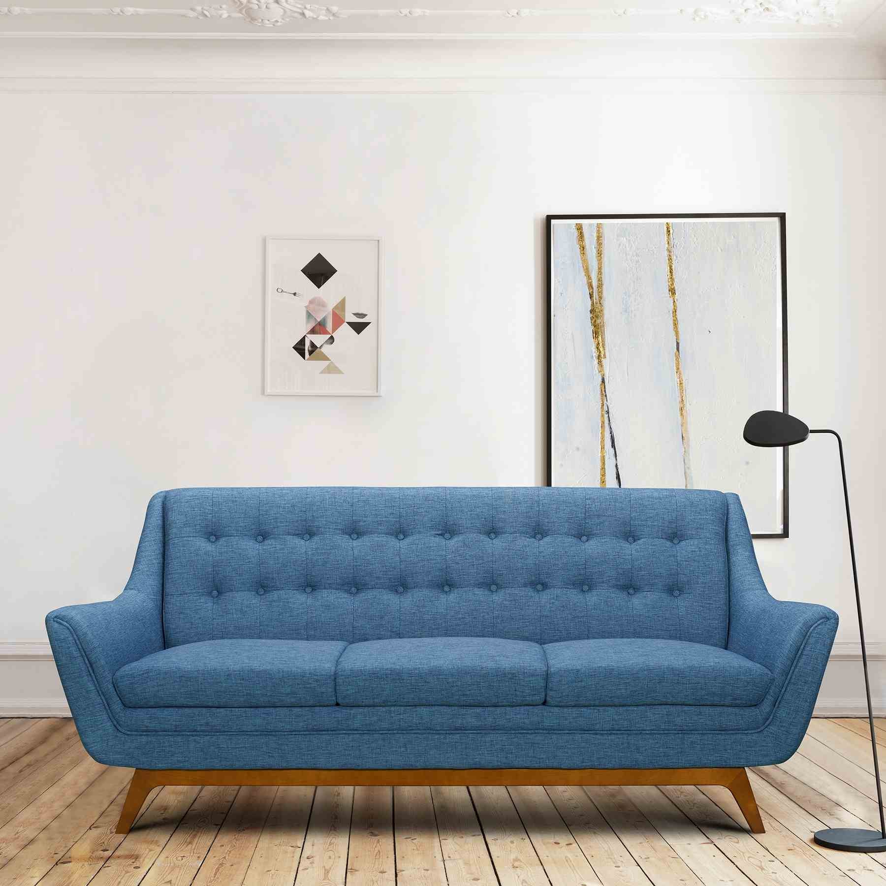 Janson Mid-Century Sofa in Champagne Wood Finish and Blue Fabric - Image 4