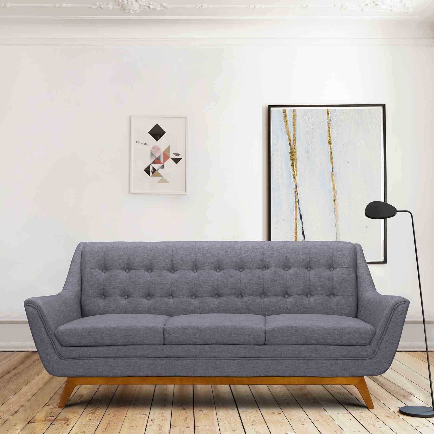 Janson Mid-Century Sofa in Champagne Wood Finish and Dark Gray Fabric - Image 4