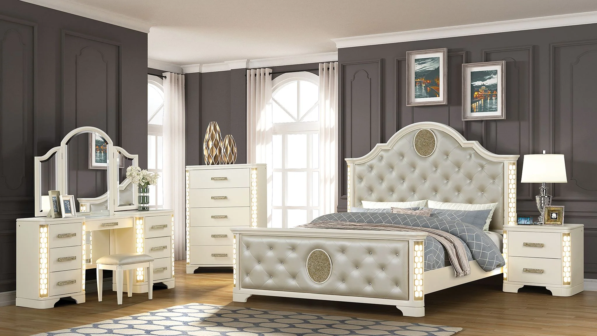 Jasmine King 5PC with Vanity Bedroom Set Beige