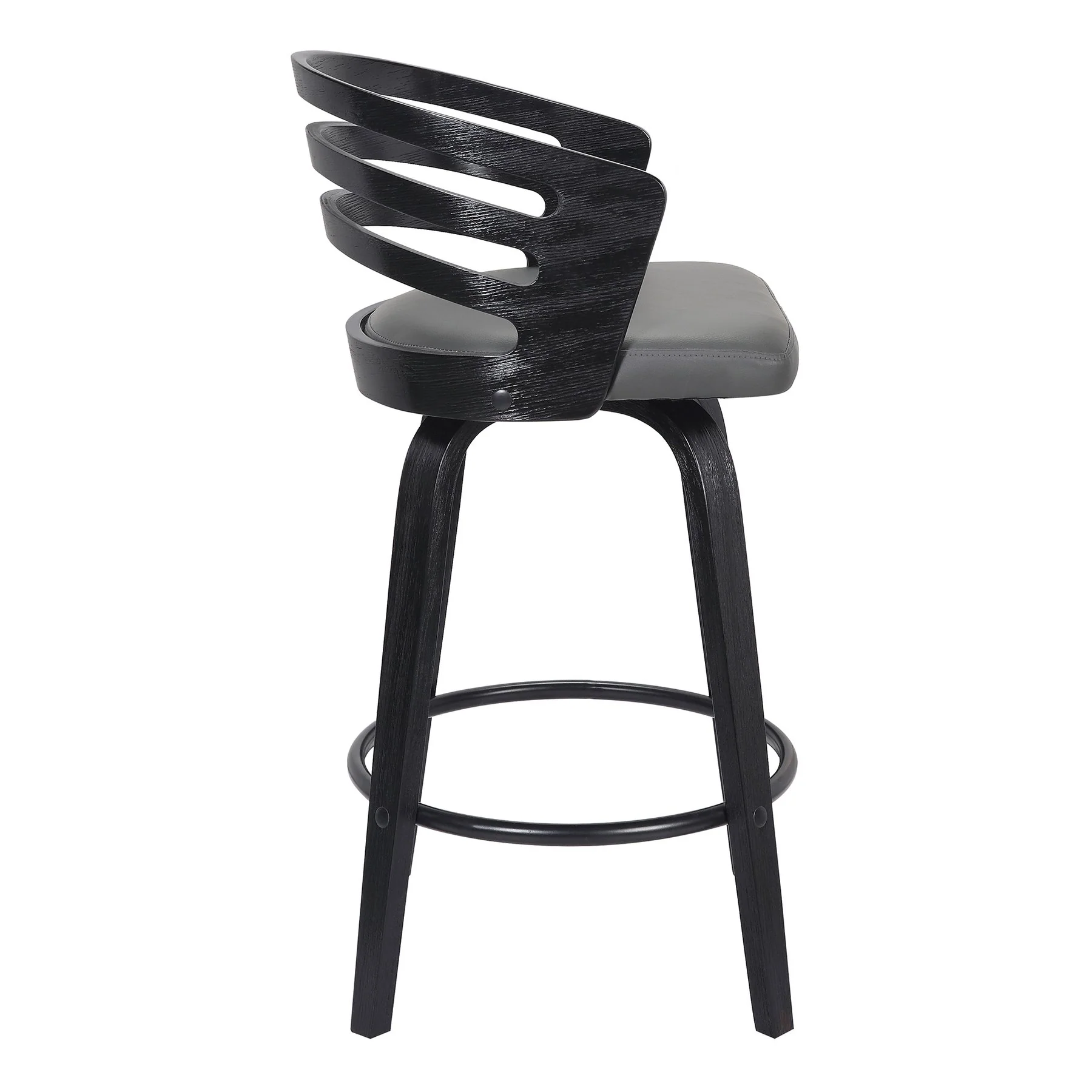 Jayden 30" Bar Height Swivel Gray Faux Leather and Black Wood Bar Stool - Image 2