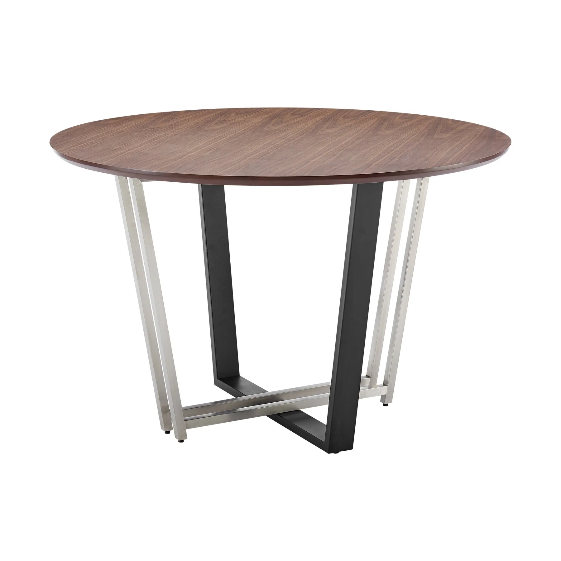 Joana 48" Round Dining Table in Brushed Stainless Steel and Black Iron Base with Walnut Tabletop