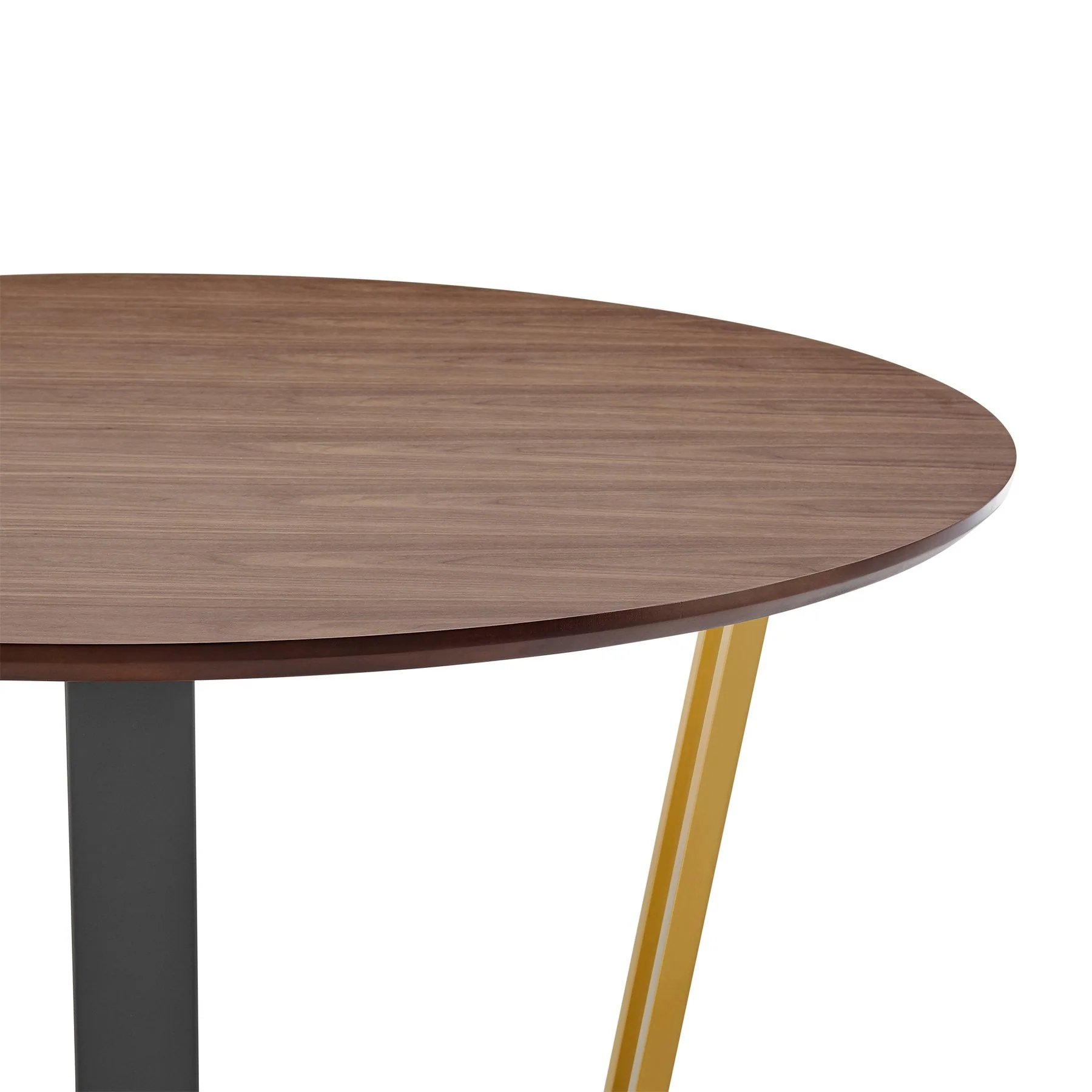 Joana 48" Round Dining Table in Gold Stainless Steel and Black Iron Base with Walnut Tabletop - Image 3