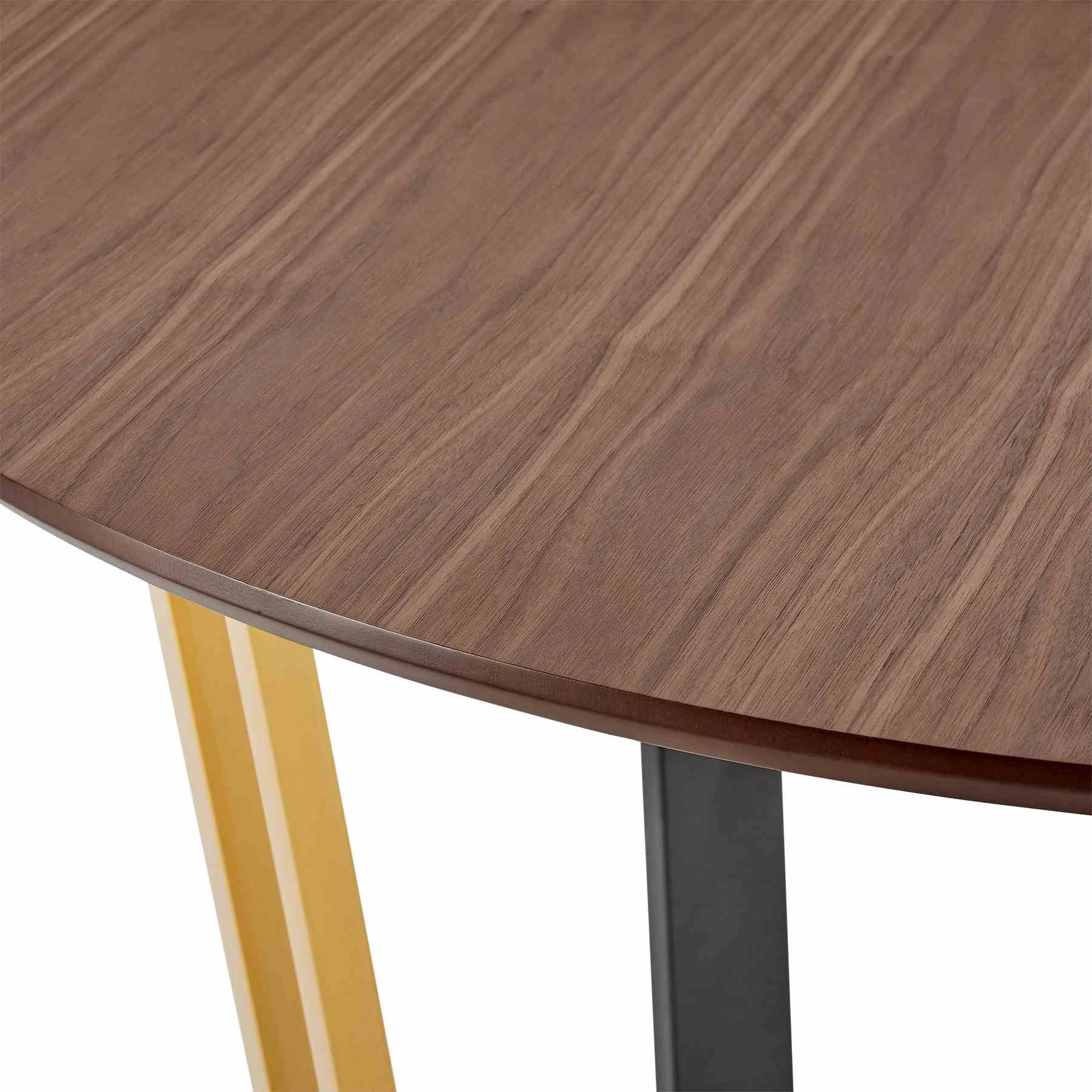 Joana 48" Round Dining Table in Gold Stainless Steel and Black Iron Base with Walnut Tabletop - Image 5