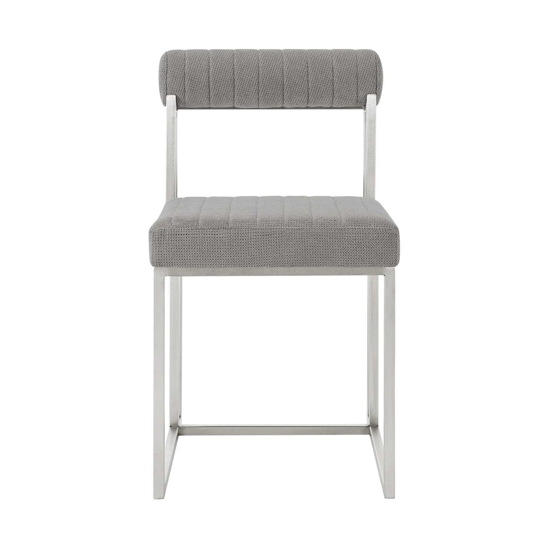 Joana Anastasia 5 Piece Round Walnut Dining Table Set with Brushed Stainless Steel and Light Gray Fabric - Image 3