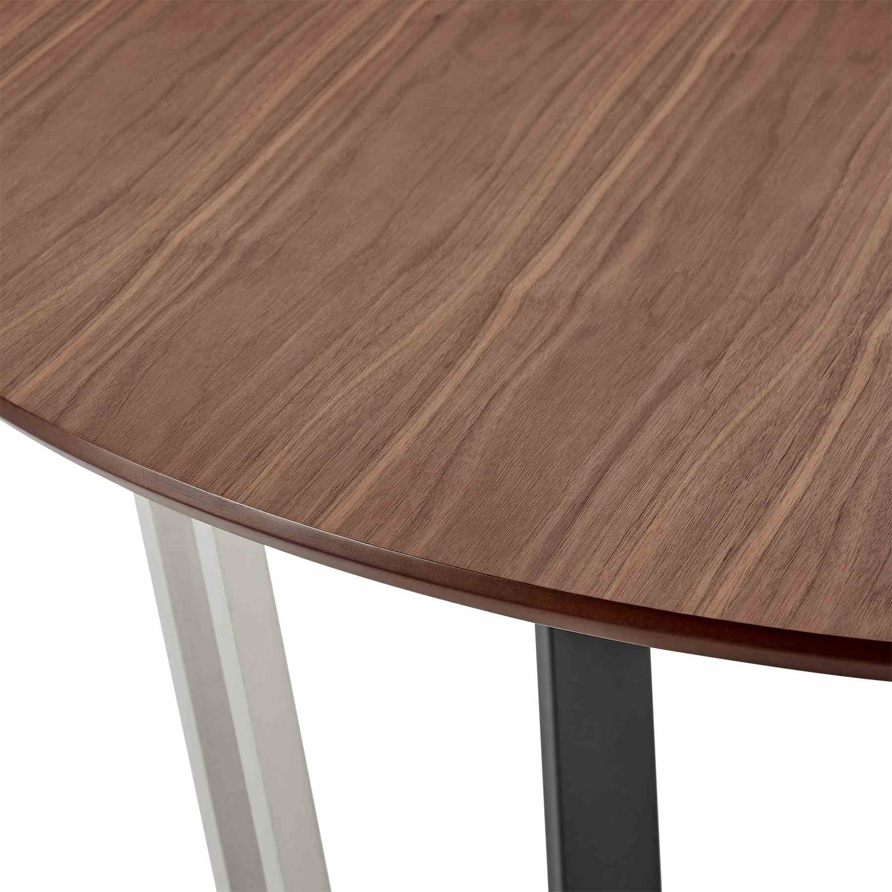 Joana Anastasia 5 Piece Round Walnut Dining Table Set with Brushed Stainless Steel and Light Gray Fabric - Image 7