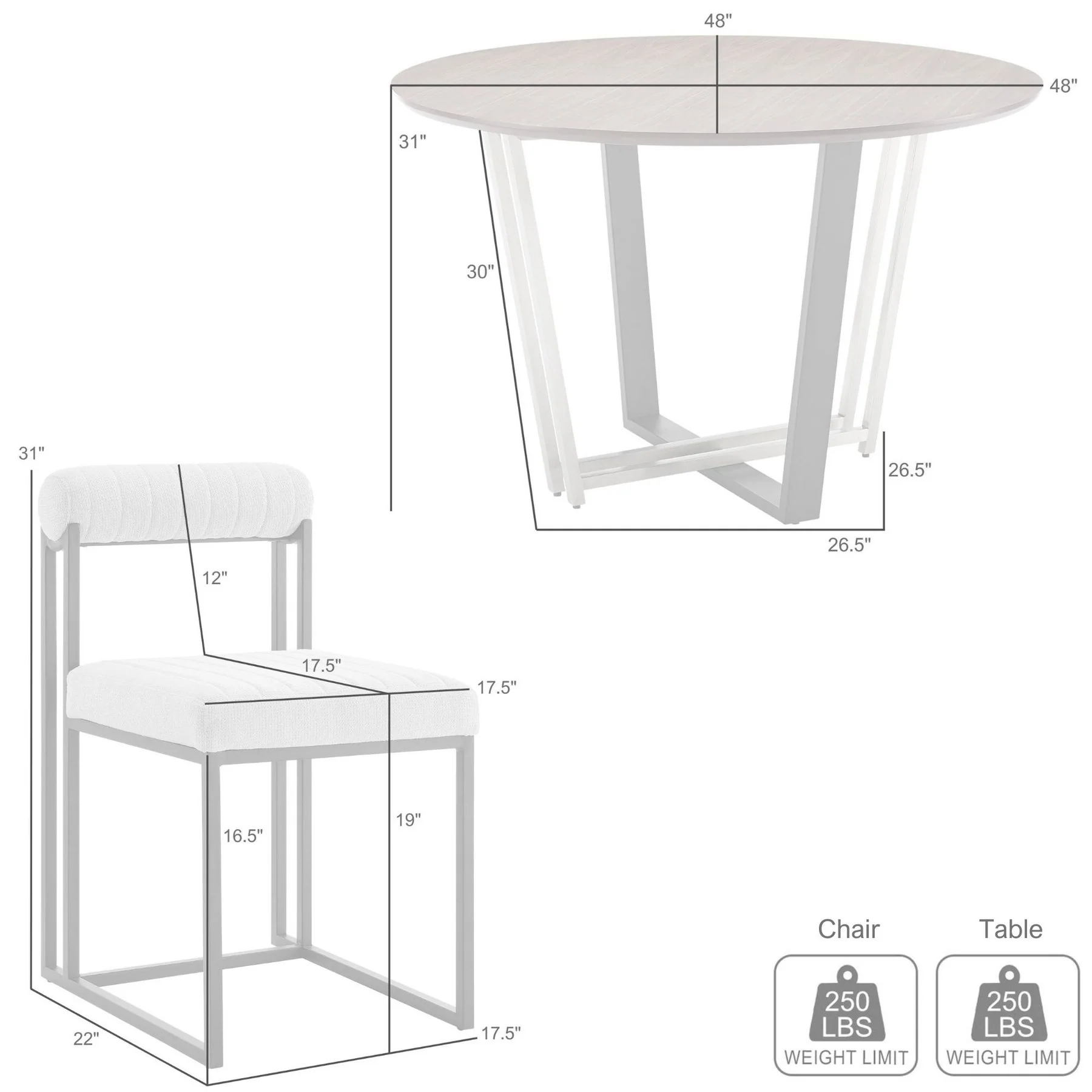 Joana Anastasia 5 Piece Round Walnut Dining Table Set with Brushed Stainless Steel and Light Gray Fabric - Image 9