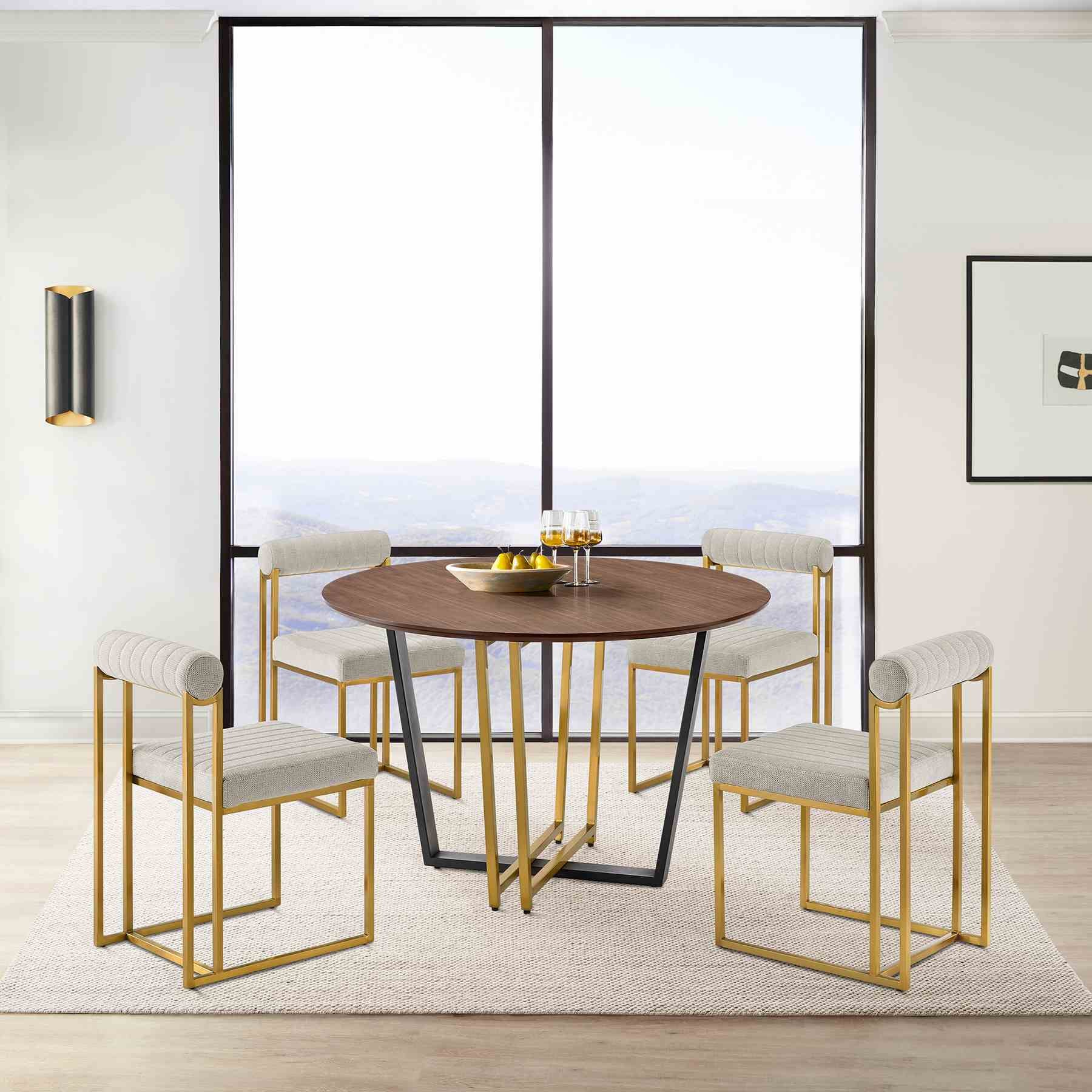 Joana Anastasia 5 Piece Round Walnut Dining Table Set with Brushed Stainless Steel and Taupe Fabric - Image 10