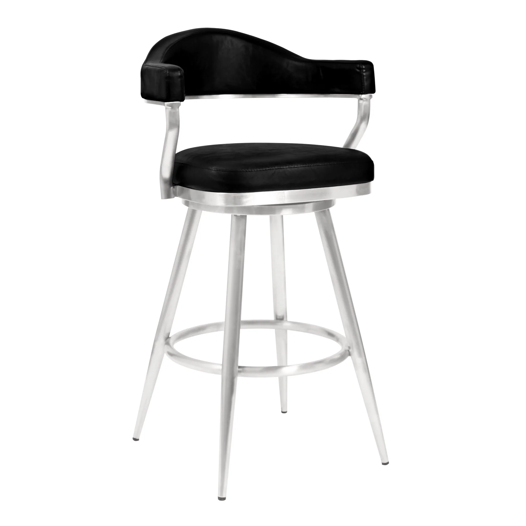 Justin 26" Counter Height Swivel Vintage Black Faux Leather Bar Stool with Brushed Stainless Steel Legs