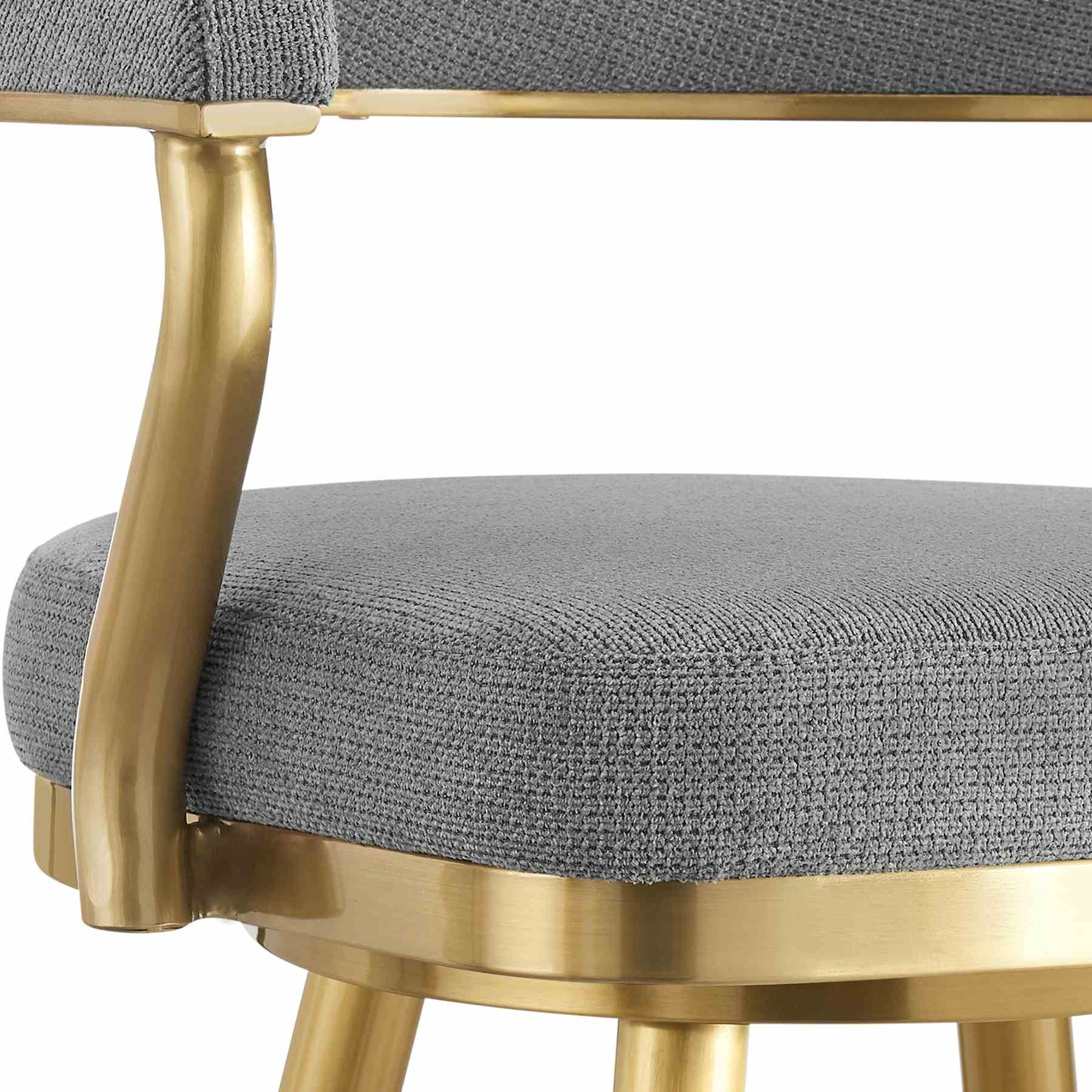 Justin 30" Swivel Bar Stool with Gold Brushed Stainless Steel and Anchor Gray Fabric - Image 6