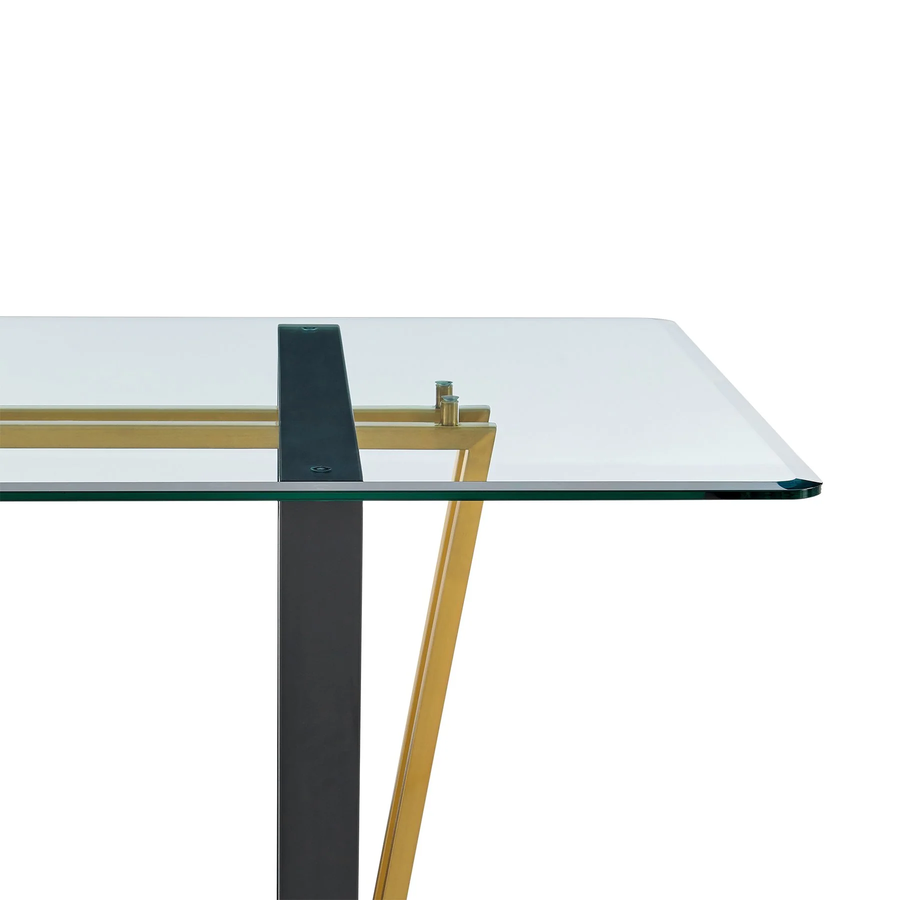 Kai 72" Rectangular Dining Table in Gold Stainless Steel and Black Iron Base with Glass Tabletop - Image 3