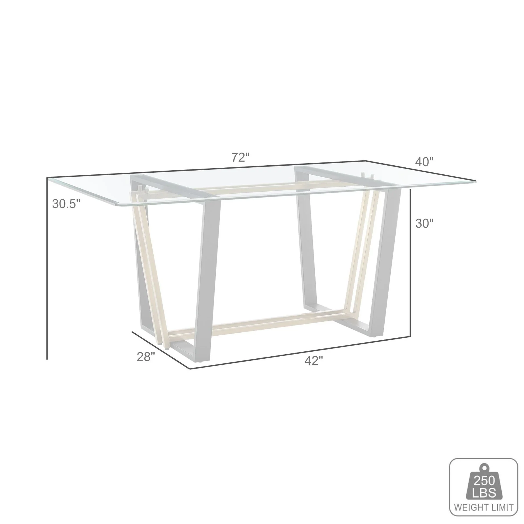 Kai 72" Rectangular Dining Table in Gold Stainless Steel and Black Iron Base with Glass Tabletop - Image 7