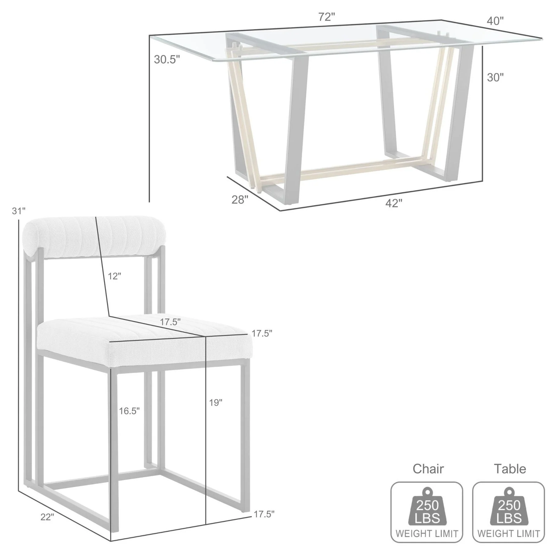 Kai Anastasia 5 Piece Rectangular Glass Dining Table Set with Matte Black Iron and Light Gray Fabric - Image 10