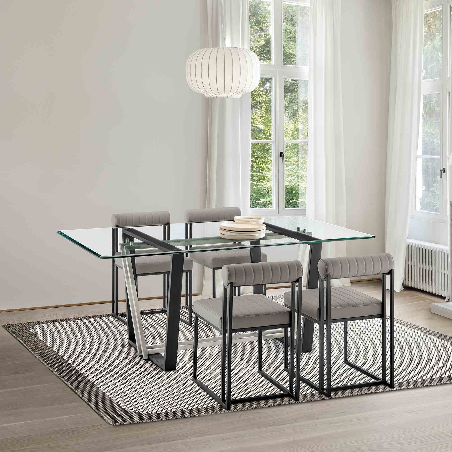 Kai Anastasia 5 Piece Rectangular Glass Dining Table Set with Matte Black Iron and Light Gray Faux Leather - Image 11