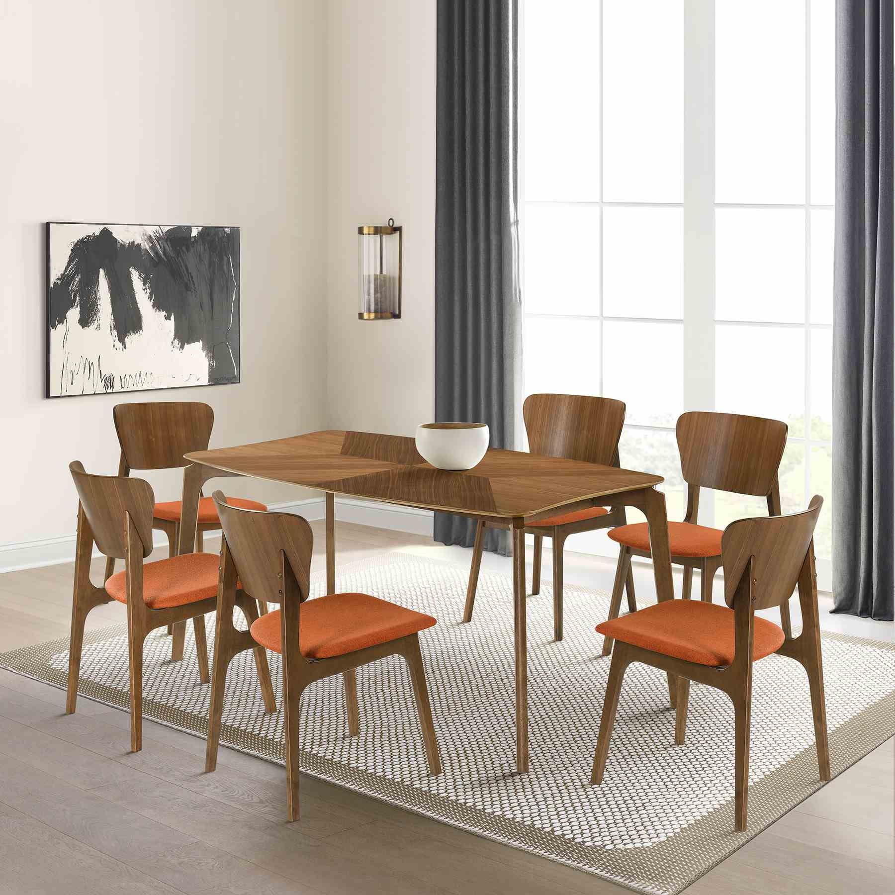 Kalia 7 Piece Wood Dining Set in Walnut Finish with Orange Fabric - Image 11