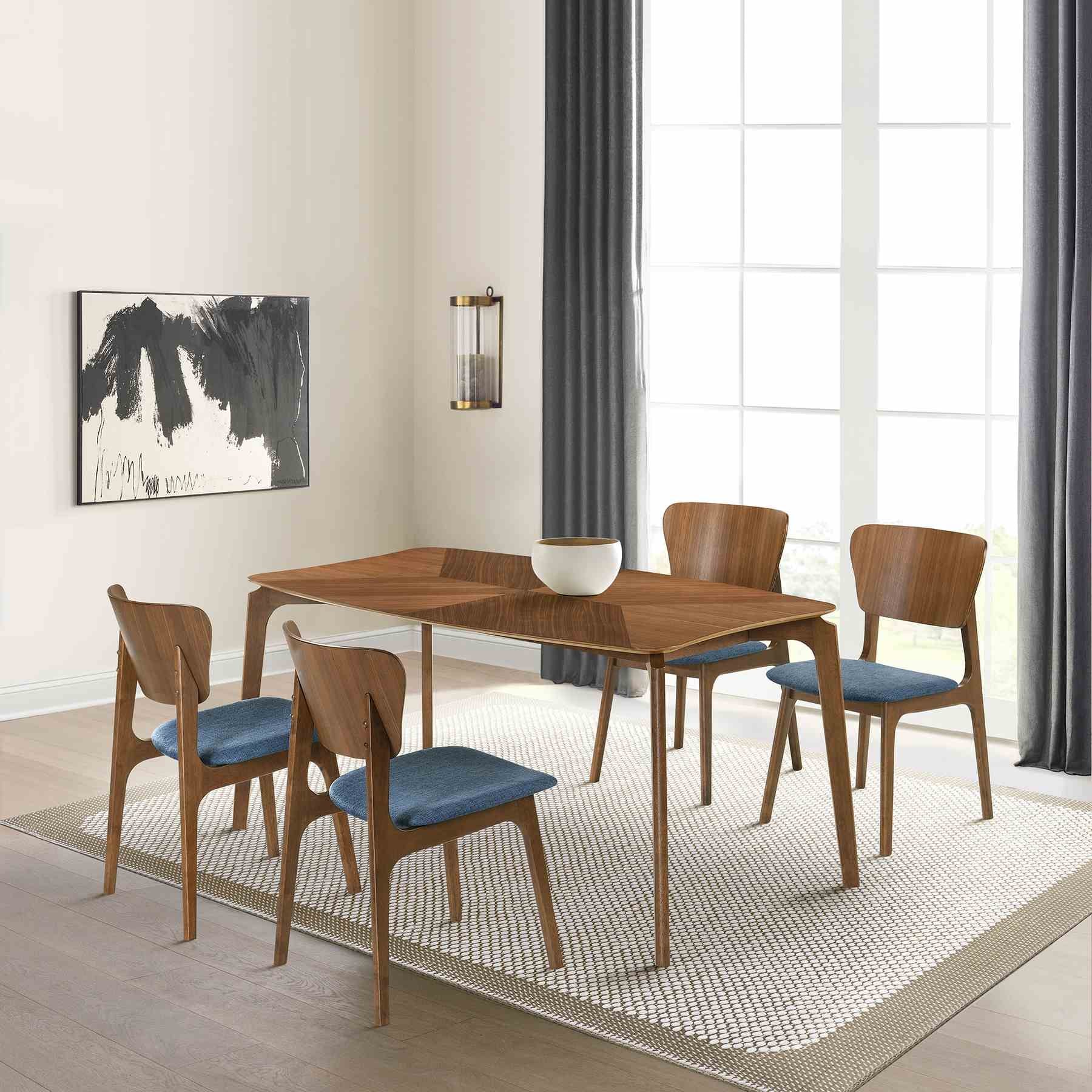 Kalia Wood Dining Chair in Walnut Finish with Blue Fabric - Set of 2 - Image 9