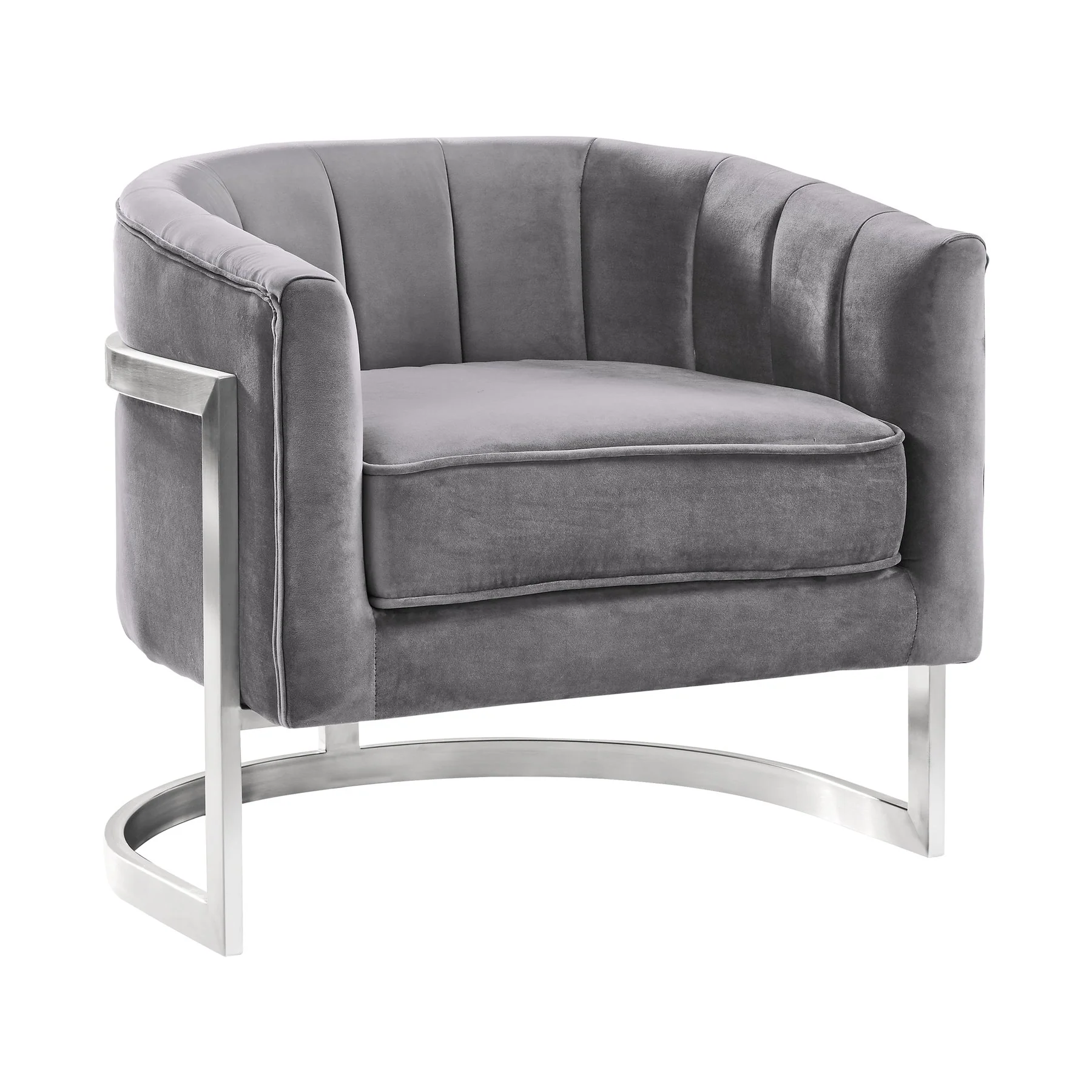 Kamila Contemporary Accent Chair in Gray Velvet and Brushed Stainless Steel Finish