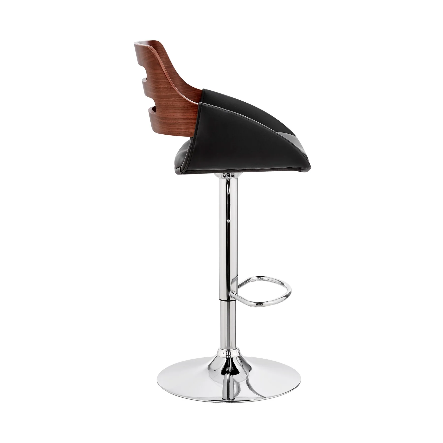 Karter Adjustable Black Faux Leather and Walnut Wood Bar Stool with Chrome Base - Image 3