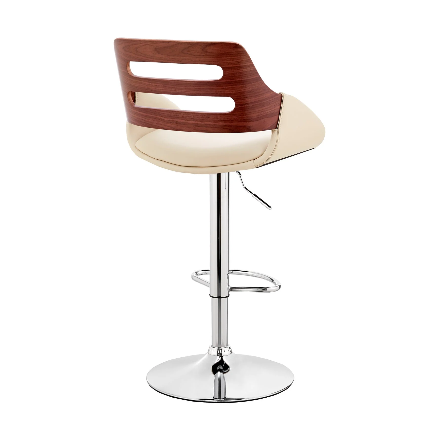 Karter Adjustable Cream Faux Leather and Walnut Wood Bar Stool with Chrome Base - Image 4