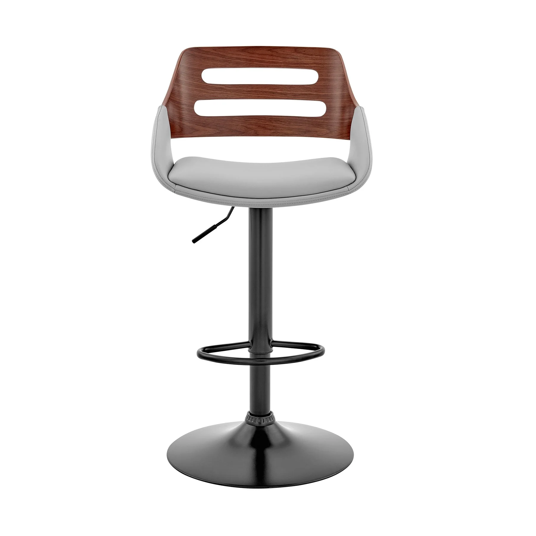 Karter Adjustable Gray Faux Leather and Walnut Wood Bar Stool with Black Base - Image 2